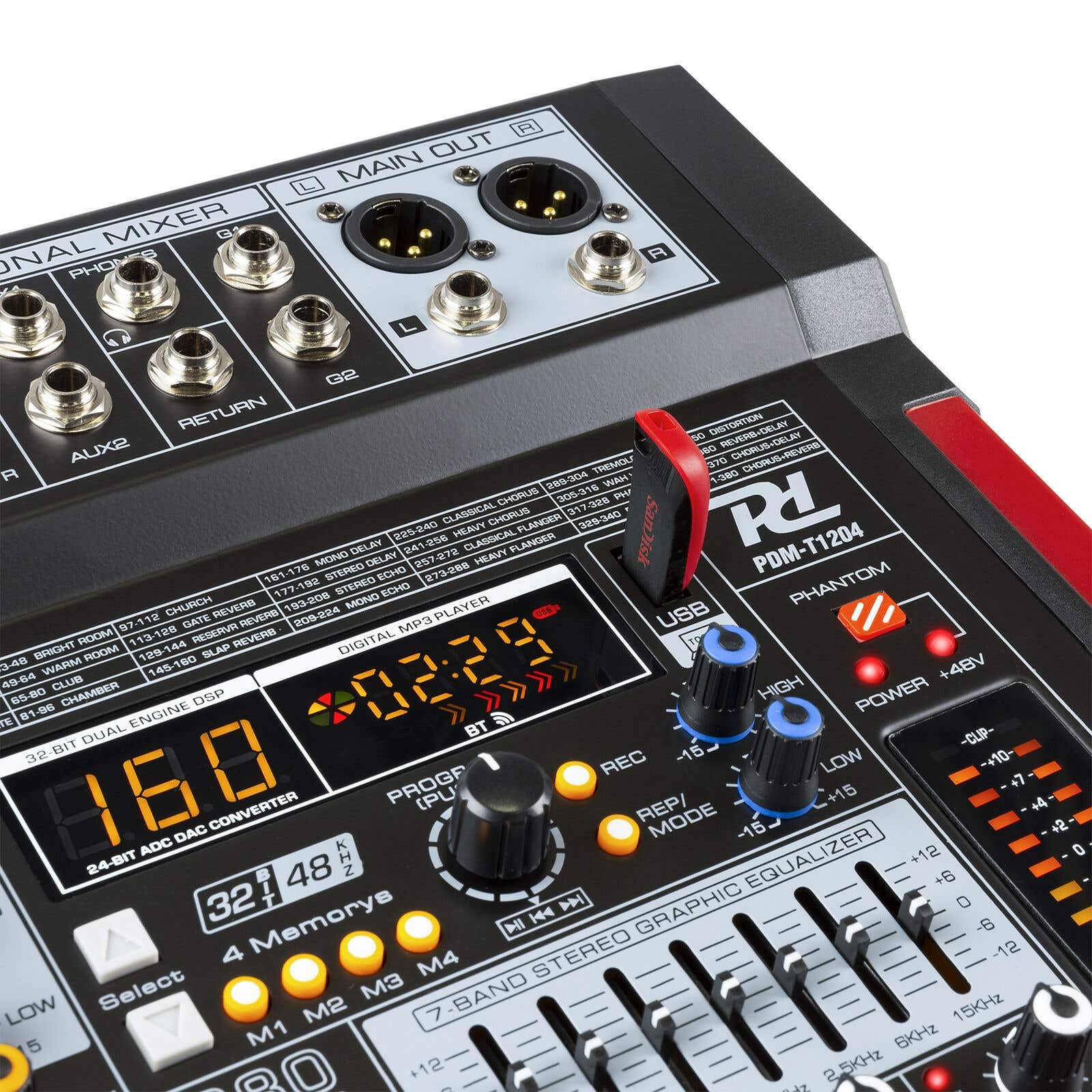 Power Dynamics PDM-T1204 Mezclador de audio de 12 canales con Bluetooth, ecualizador gráfico de 7 bandas, MP3, salida USB, salida de auriculares de 6,35 mm, ideal para estudio de grabación
