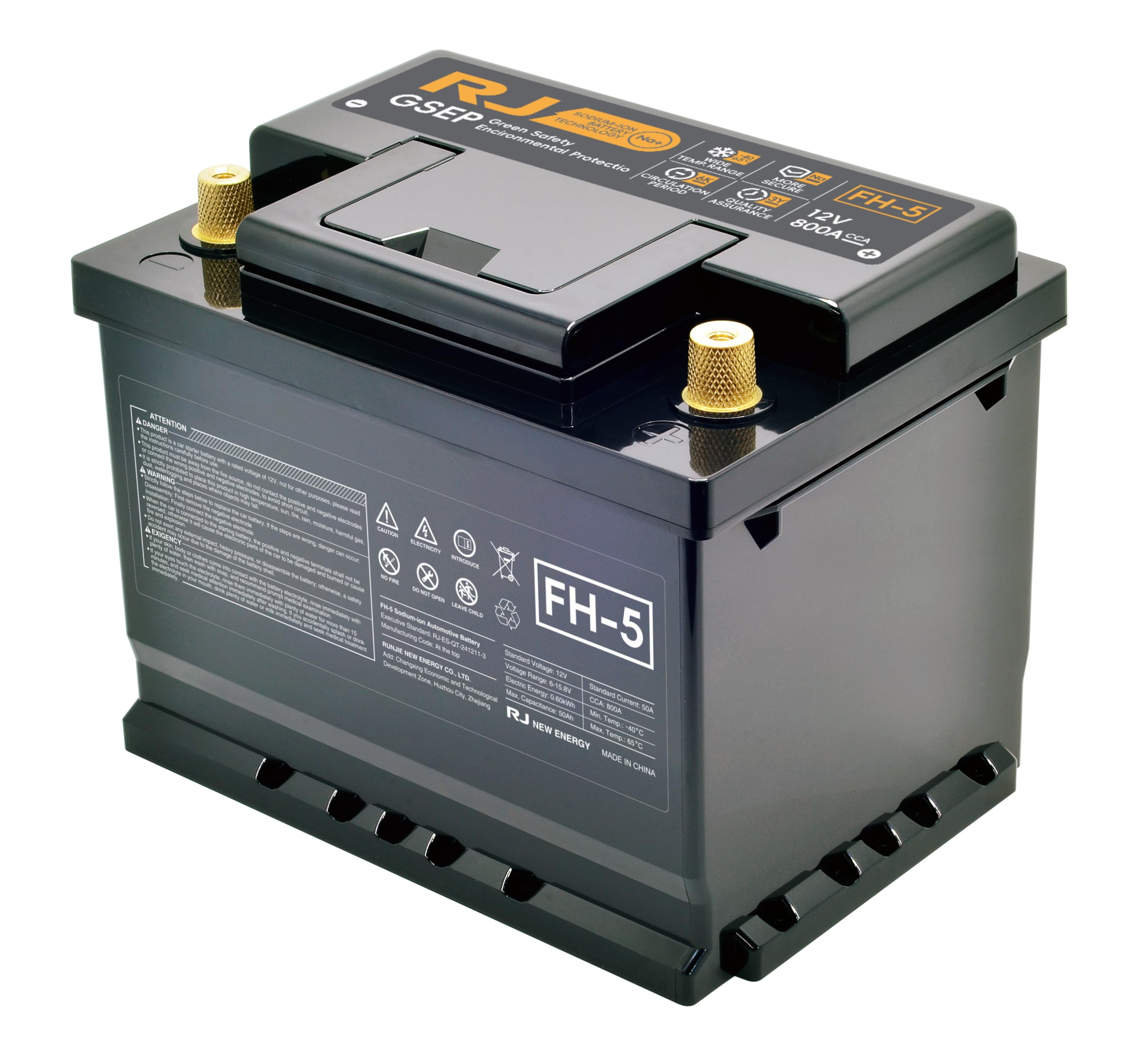 Automotive sodium ion battery,12V Car Battery, G-SEP Technology, Heavy Duty Automotive Power Cell, Black, Gold-Plated Terminals (FH5)
