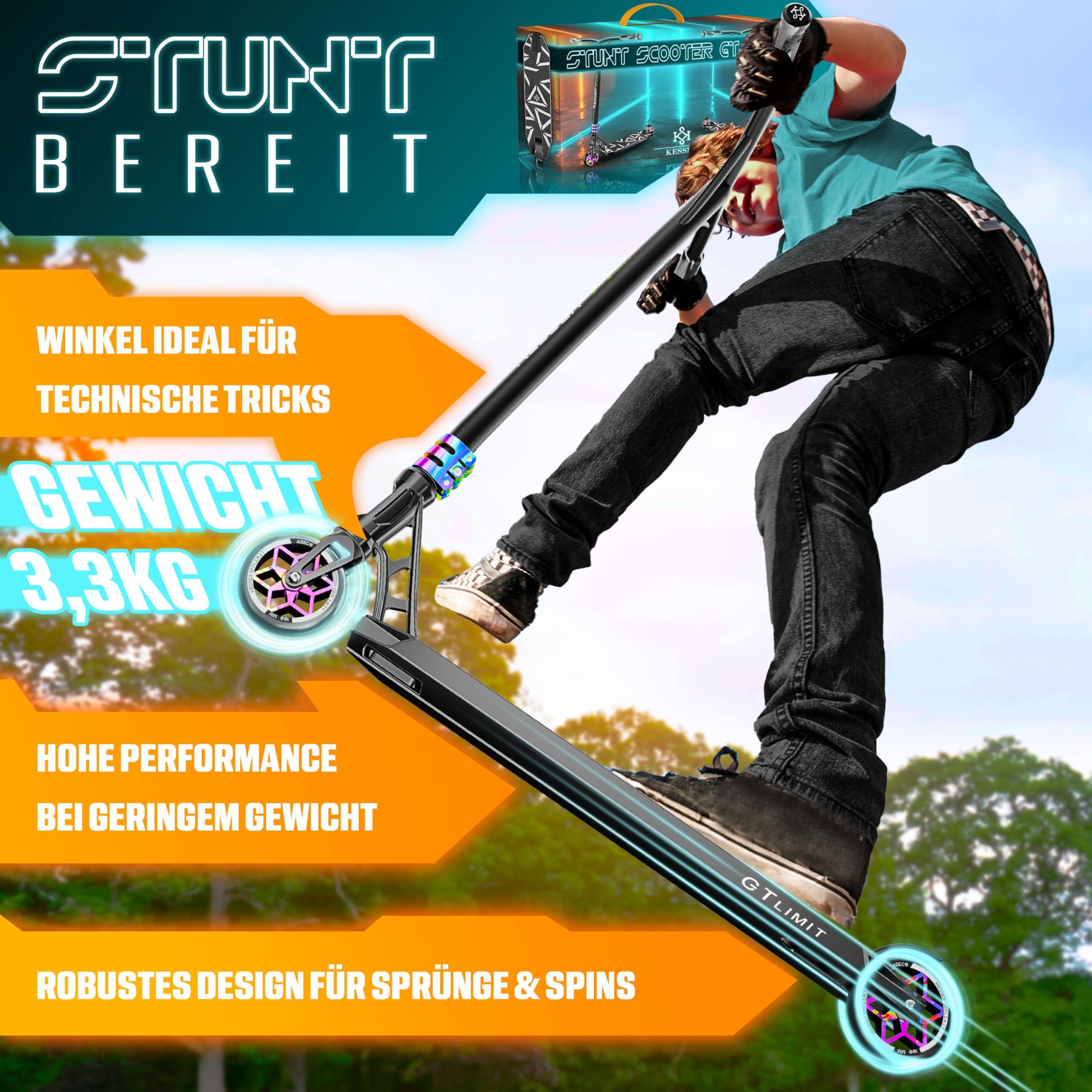 KESSER® Stunt Scooter GT-Limit 360° Lenkung Funscooter Stuntscooter mit Ständer ABEC 9 Kugellagern, 110 mm PU Räder, Kickscooter Tretroller Cityroller Trick Roller für Kinder Erwachsene