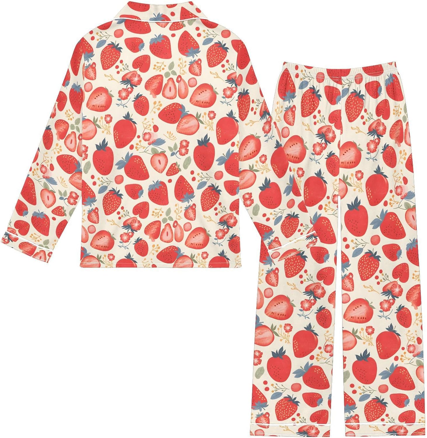 Hand Drawn Strawberry Satin Pajama Sets Long Sleeves Nightwear Button Down Sleepwear