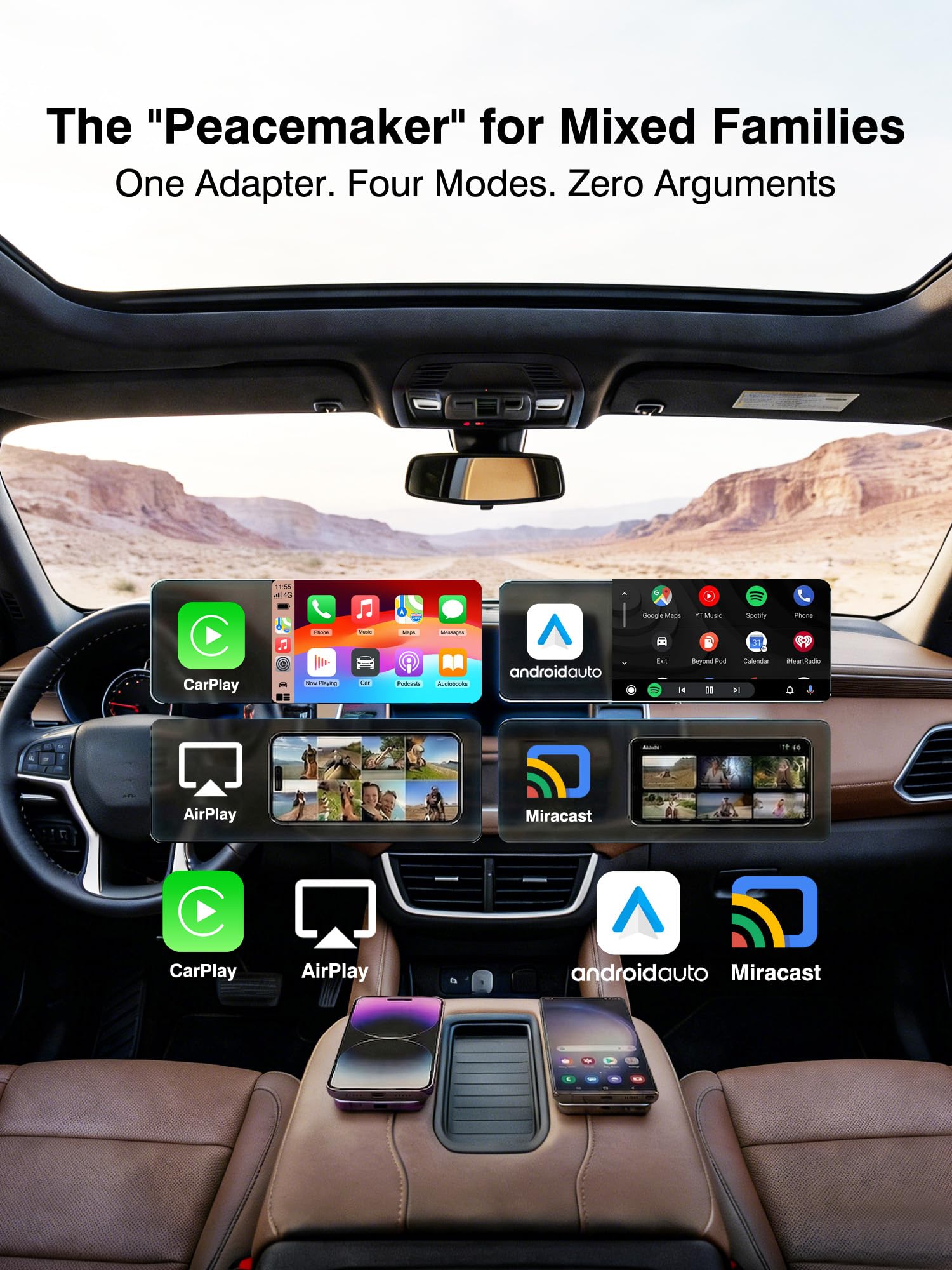 Adattatore auto Android wireless CarPlay 4 in 1 - AirPlay & Miracast Media Hub - Senza soluzione di continuità per famiglie miste - Bassa latenza da 5,8 GHz e connessione automatica - Solo