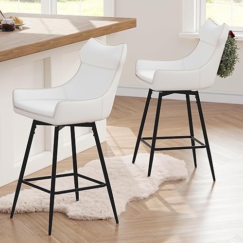 TYBOATLE Juego de 2 taburetes de bar giratorios de cuero con respaldo alto de 26 pulgadas, taburetes de bar de altura con patas de metal, taburetes