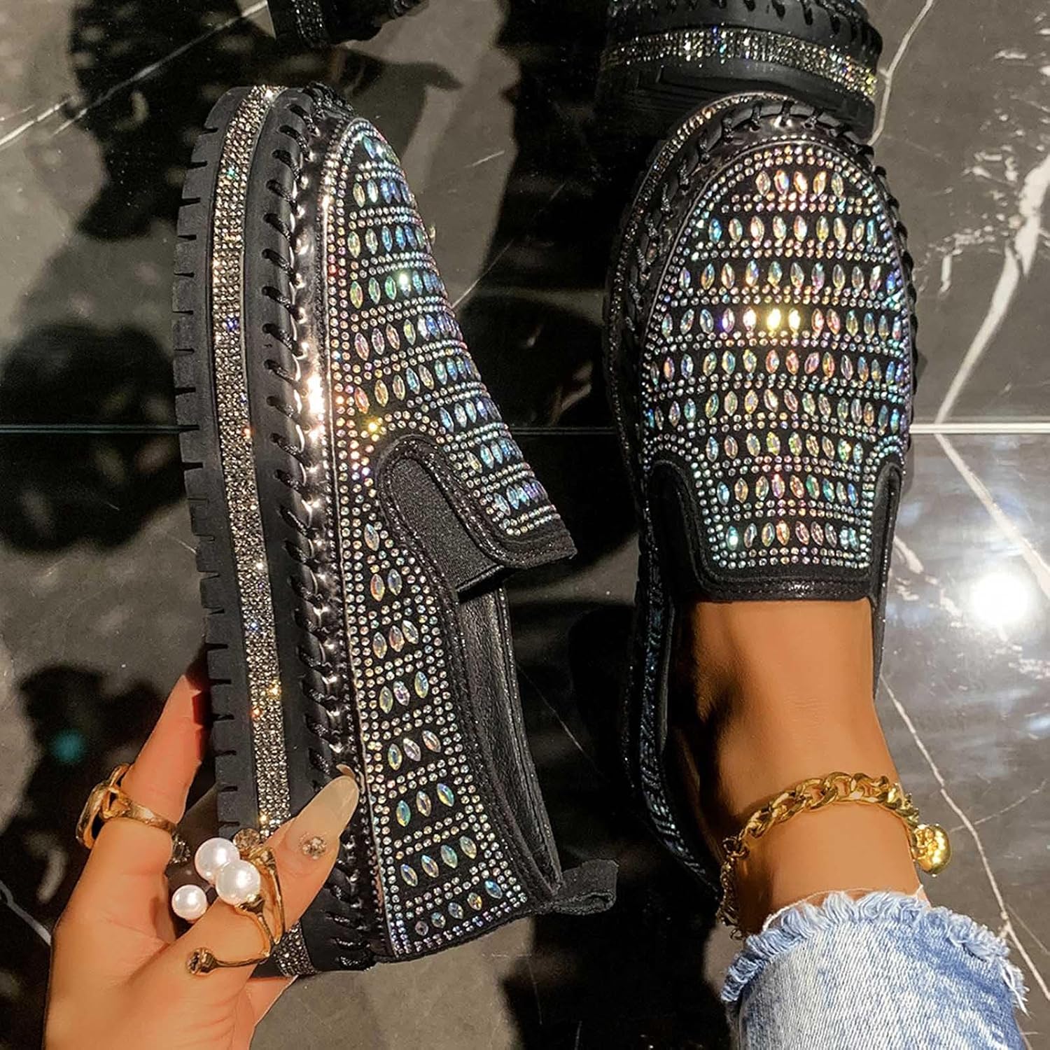 Women Soft Sole Moccasin Loafer with Rhinestone Embellished High Elastic Glitter Penny Shoe Plain Trendy Spring Flat - Image 6