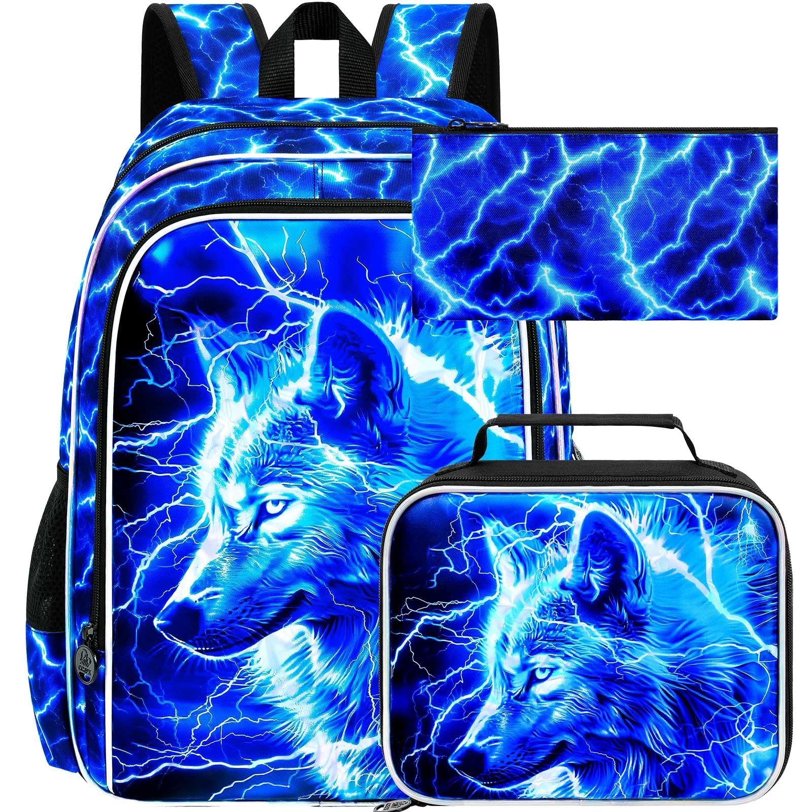 3Pcs Wolf Backpack for Boy, 17" Lightning Bookbag for Elementary Preschool Kindergarten, Kids School Backpacks with Lunch Box (Blue)