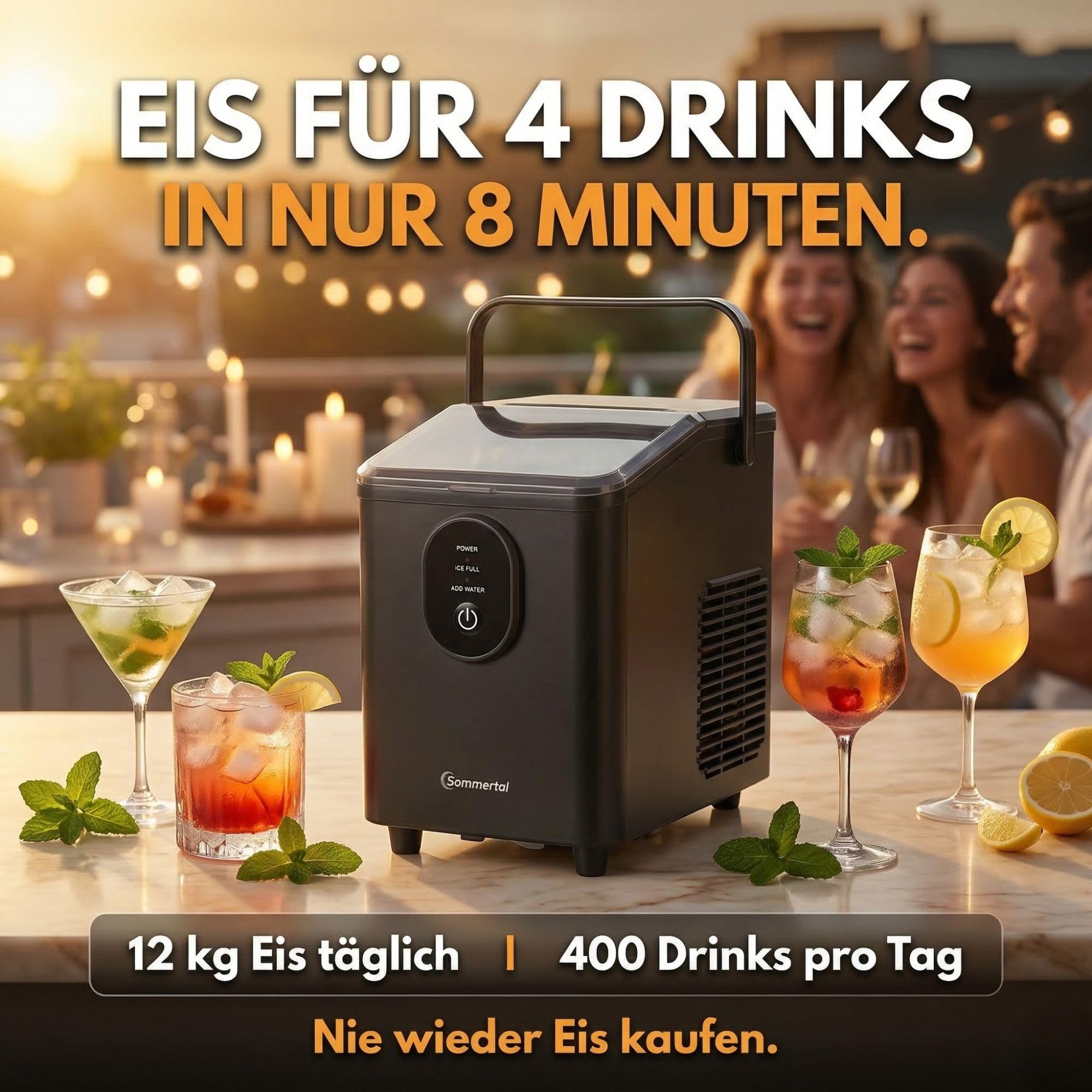Sommertal EM12S Eiswürfelmaschine 12kg/24h leise 50dB Ice Maker für Küche Büro Party