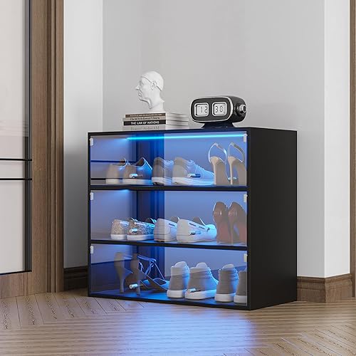 Caja de almacenamiento de zapatos, organizador de madera con puerta de vidrio abatible, cajas de zapatos de 3 niveles con luz LED RGB para hasta 9