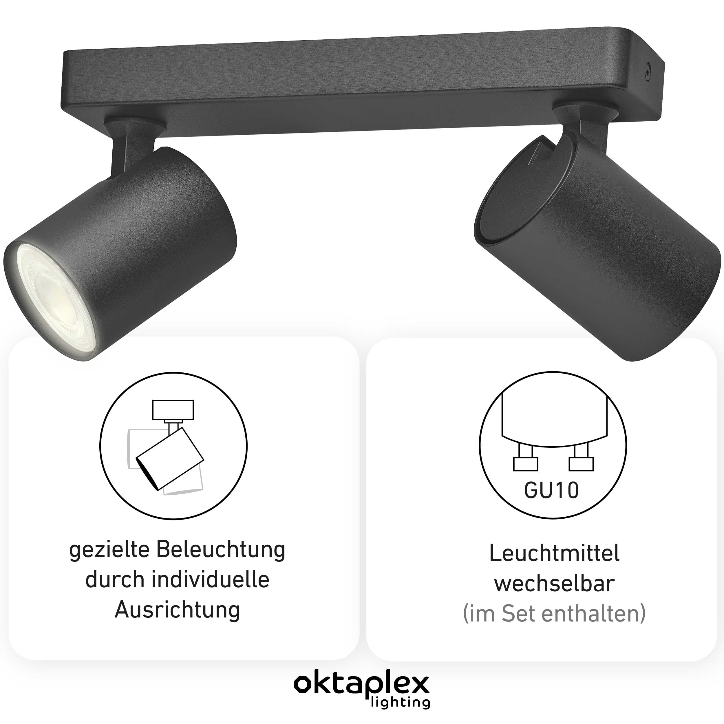 Oktaplex Bora Deckenstrahler Led 2-flammig schwarz inkl. Leuchtmittel | GU10 warmweiß 450lm 2,5W LED Strahler Deckenleuchte - Energieklasse A schwenkbar