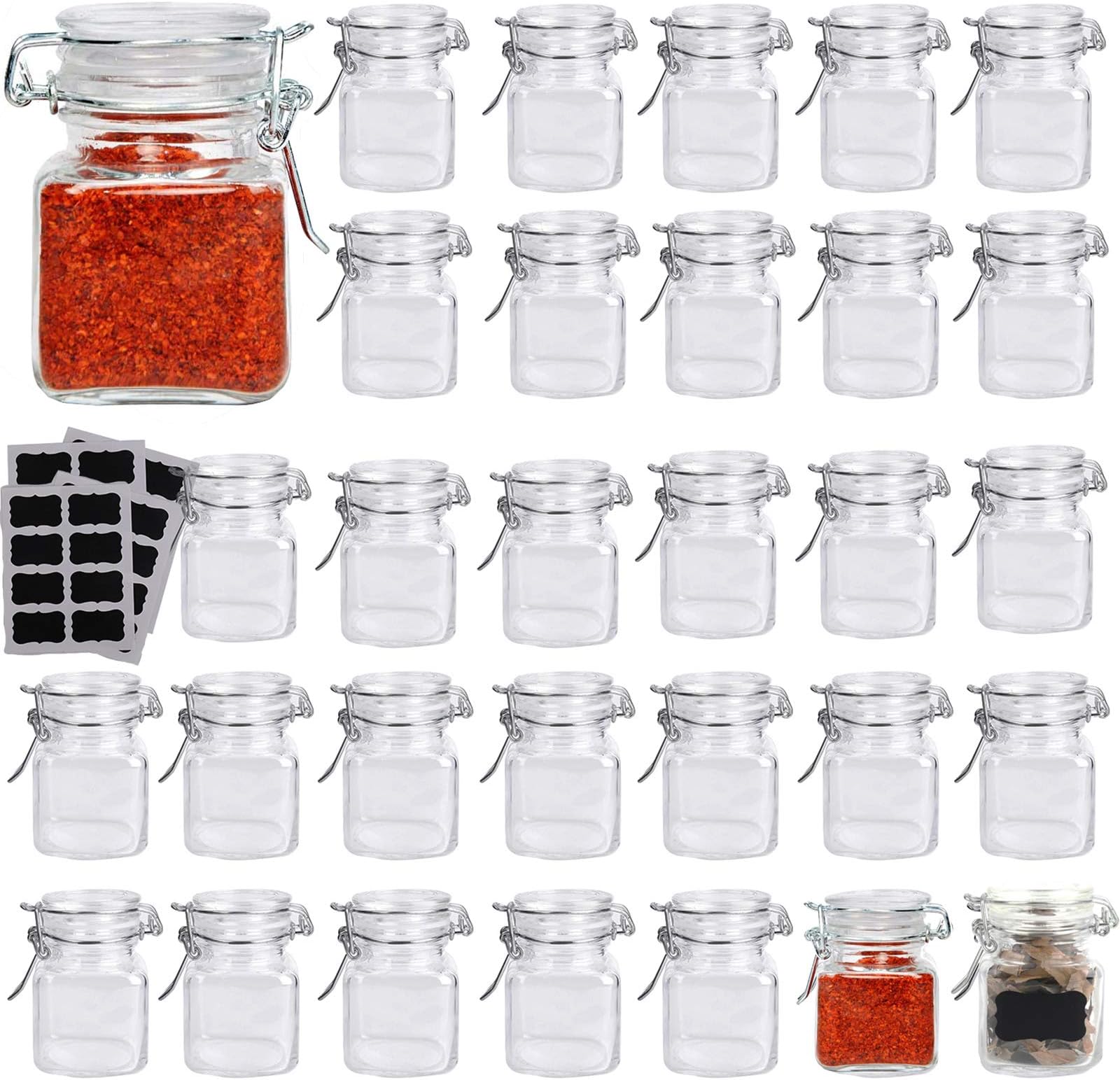 Lawei 30 Pack Glass Spice Jars with Airtight Hinged Lids