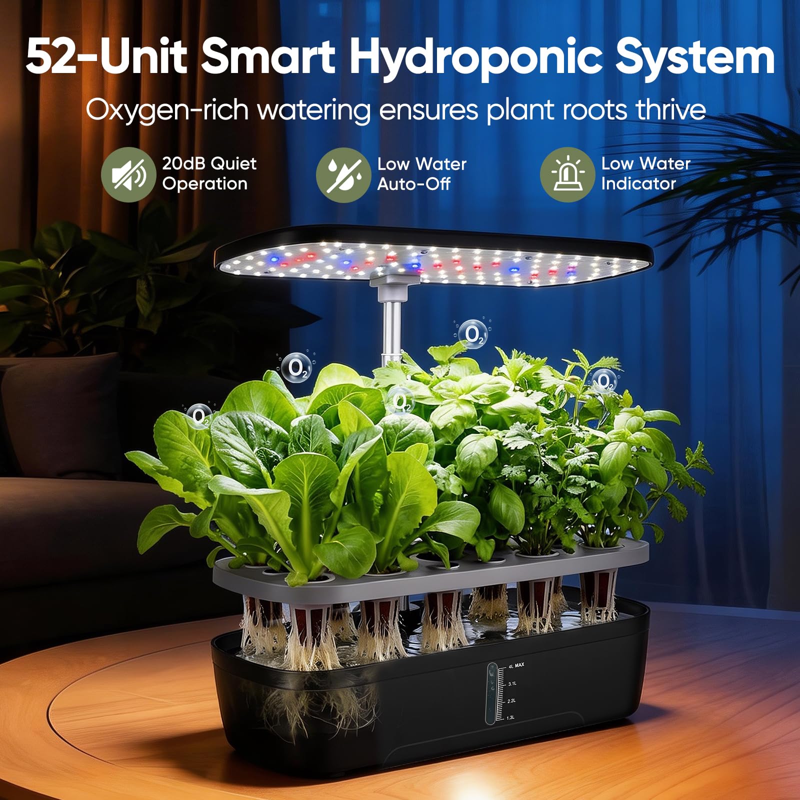 Sistema hidropónico 52 cápsulas, 24 W, Incluye LED de Espectro Completo, Sistema Inteligente de Cultivo Interior, Kit de Cultivo hidropónico para Cocina, balcón, Hierbas y ensaladas