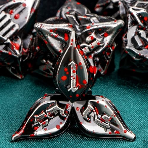Miniatura 34 de ARUOHHA DND - Juego de dados de metal con diseño de números de hoja negra, dorados, dados poliédricos con caja, 7 dados D y D, juegos de rol D20