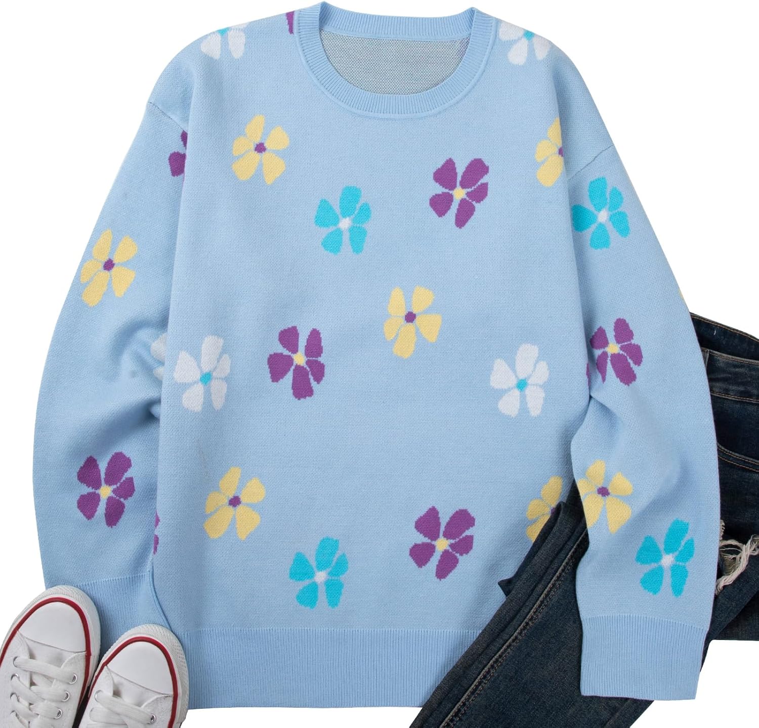 Flower Sweaters for Women Floral Print Pullover Cozy Knit Sweater Crewneck Long Sleeve Shirts Cute Outfits Tops - Image 6