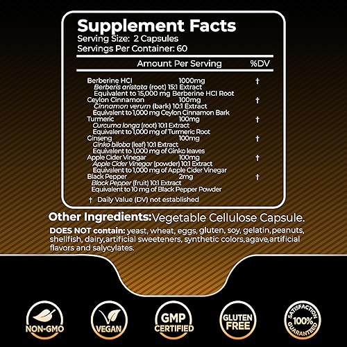 Miniatura 3 de Suplemento de berberina 1500 mg - Berberina liposomal con canela de Ceilán  Cápsulas de glicinato de magnesio - 750 mg - Suplemento de magnesio