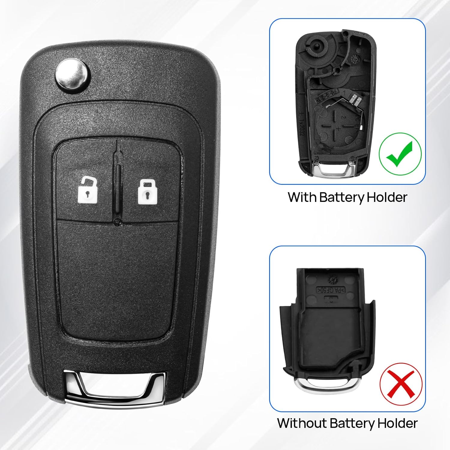 Image depicting the 2-button replacement key shell being held, with a car in the background, illustrating its intended use.