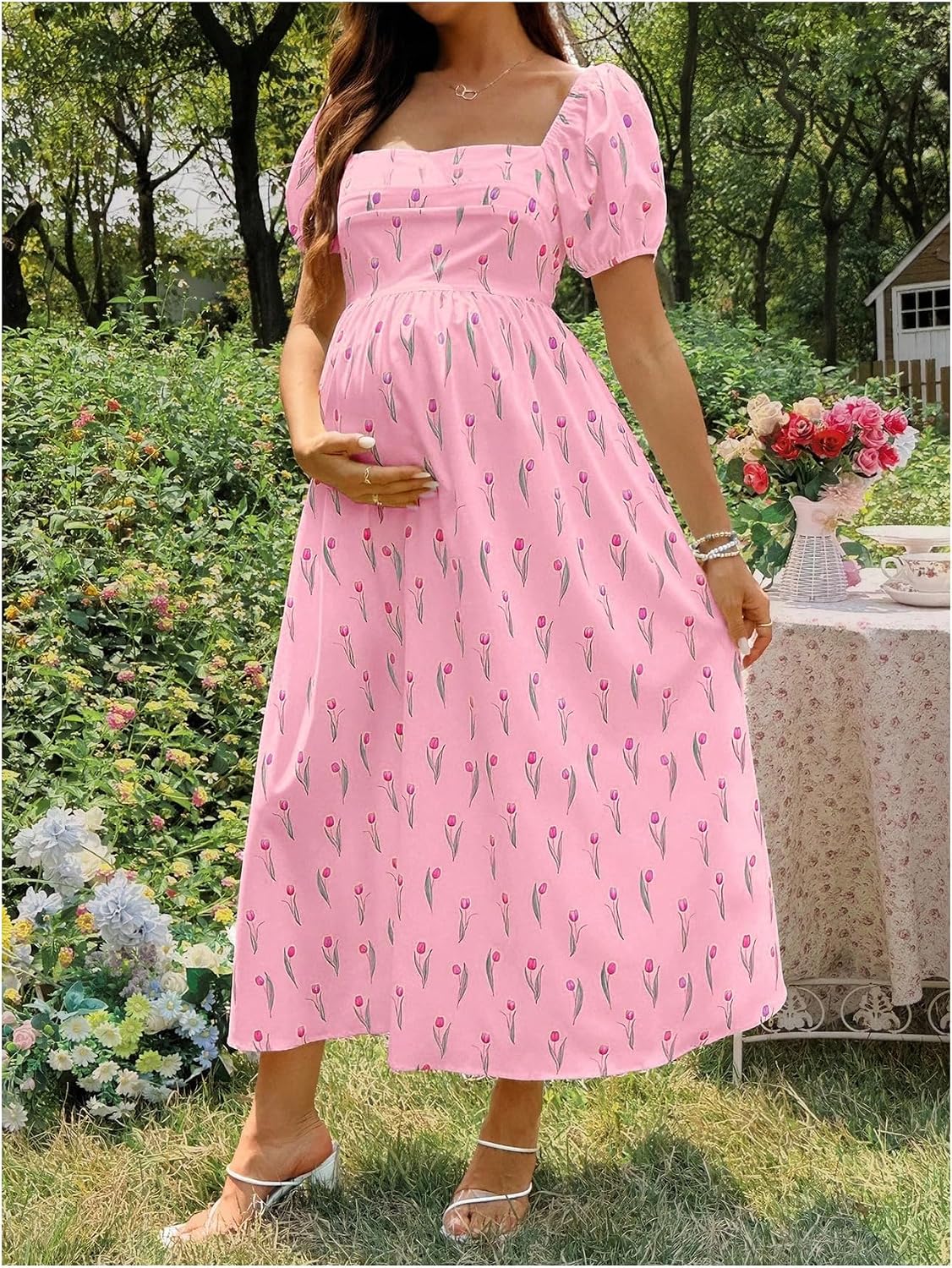 Floerns Women's Floral Maternity Dress Square Neck Puff Sleeve Shirred A Line Long Pregnancy Dresses