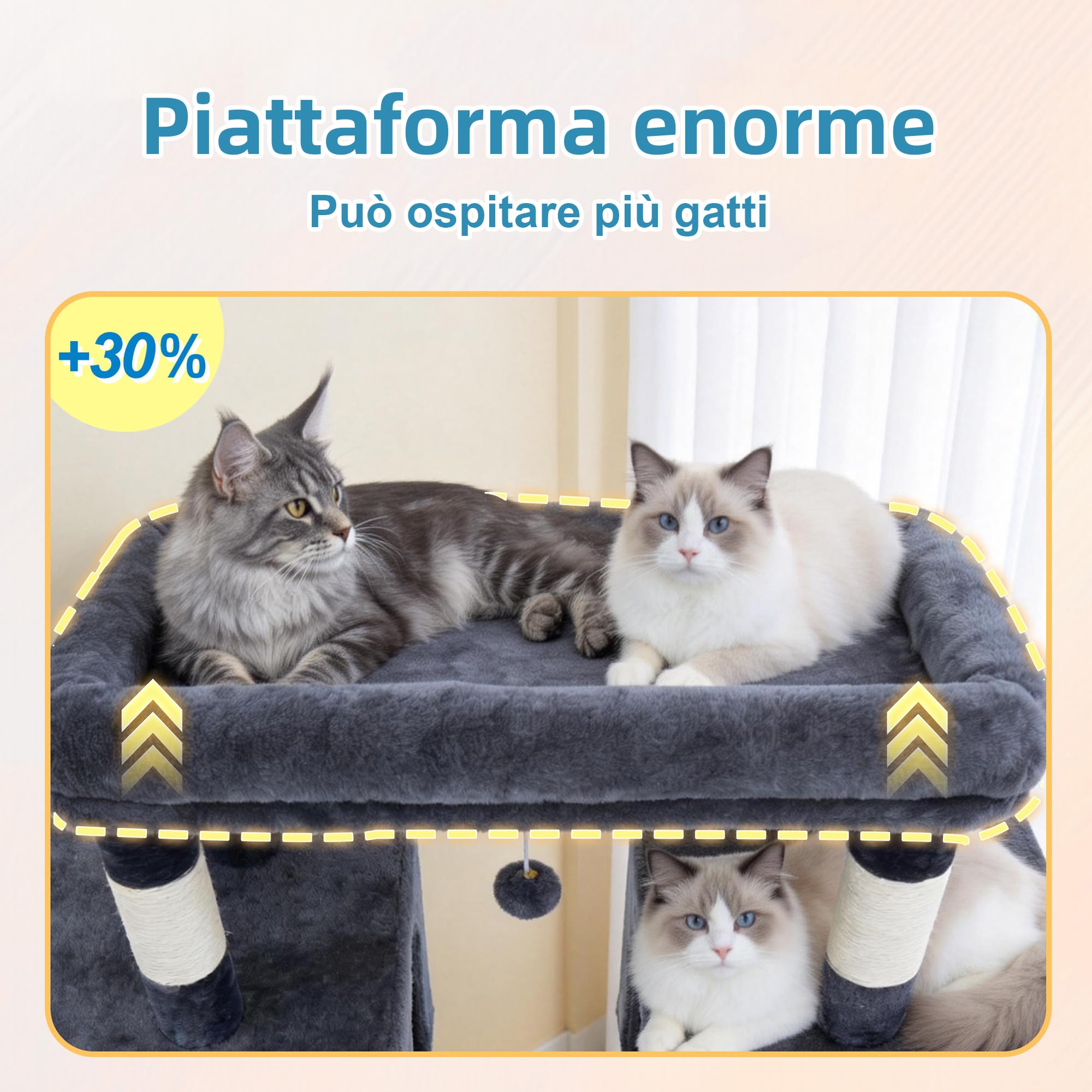 Hey-brother Tiragraffi per Gatti, con Amaca, 3 Cucce grandi, MPJ83G | 144cm Albero per Gatti, Piattaforma spaziosa, Pompon, Ideale per Maine Coon da interno, Grigio Fumo