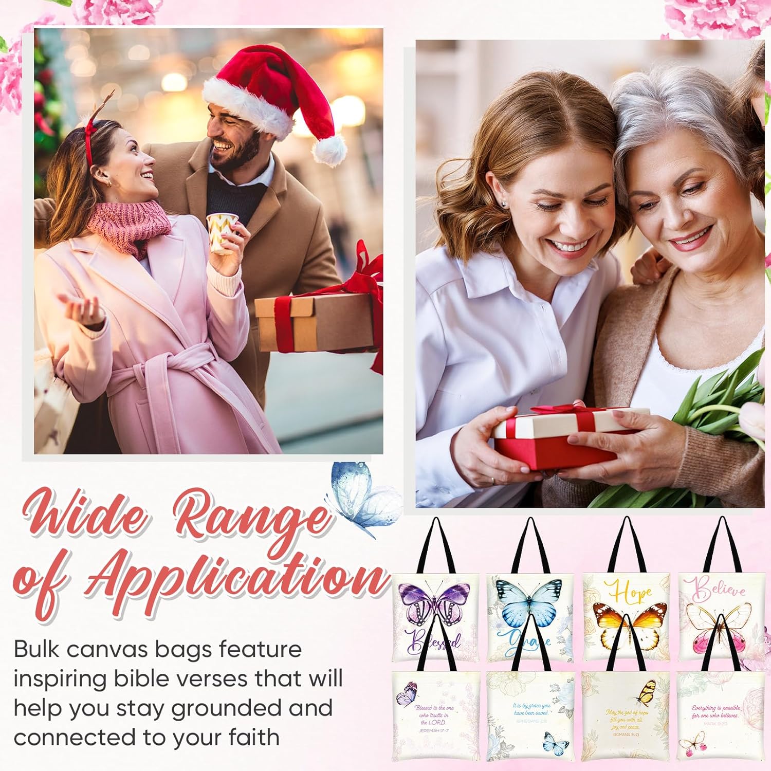 Aliceset 4 Pcs Christian Canvas Tote Bags for Women Flower Butterfly Aesthetic Shoulder Bags Inspiration Reusable Faith Bible Bag Christmas Christian Gifts for Teachers, Mom Beach Shopping, 4 Styles - Image 7