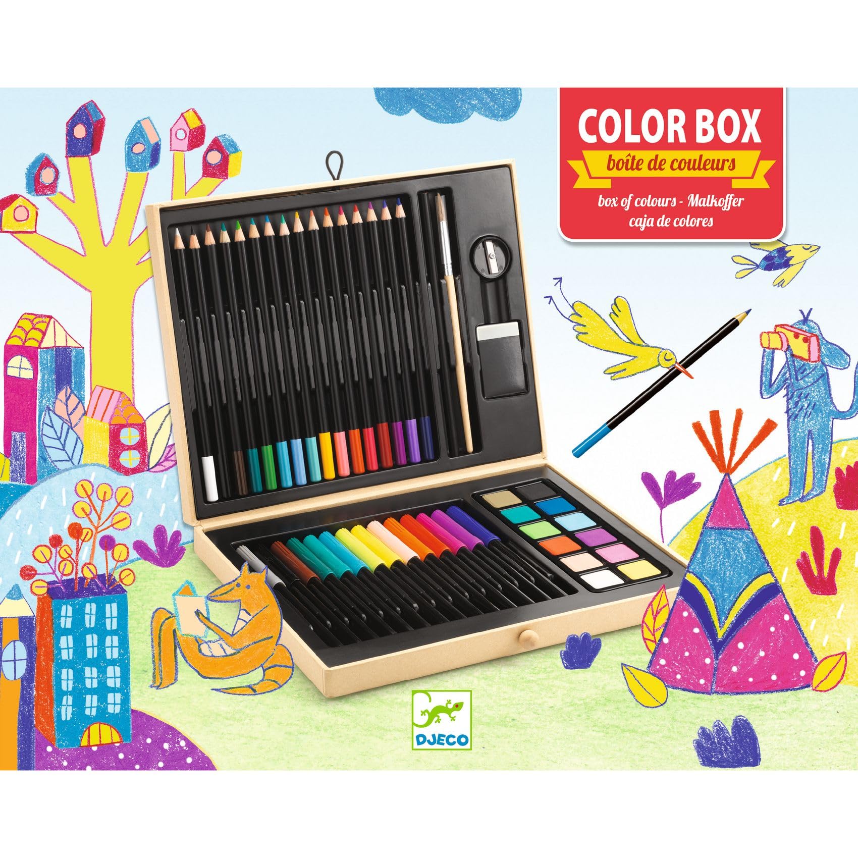 DJECO Boîte de Couleurs, dès 5 Ans - Contient Crayons, Feutres, Gouache, Pinceau, Gomme, Taille-Crayon - Stimule la Créativité - Mallette Art Portable et Personnalisable - Qualité Supérieure, EU