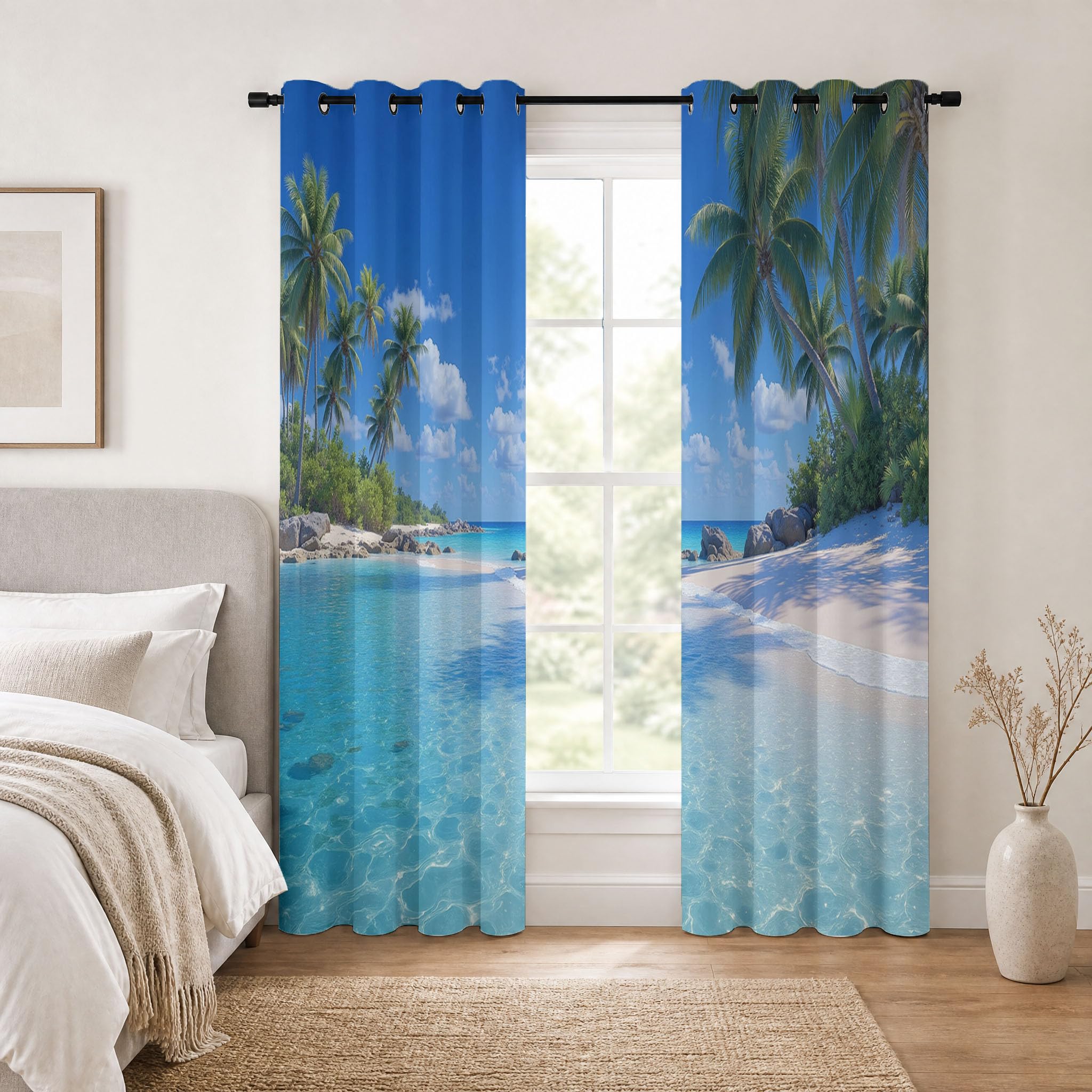 Cortinas Opacas Salon Tropical Playa,Cortina Palmeras Islas para Dormitorio Decoracion Habitacion,Cortinas Termicas Blackout 140×160cm 2 Paneles,Mar Azul