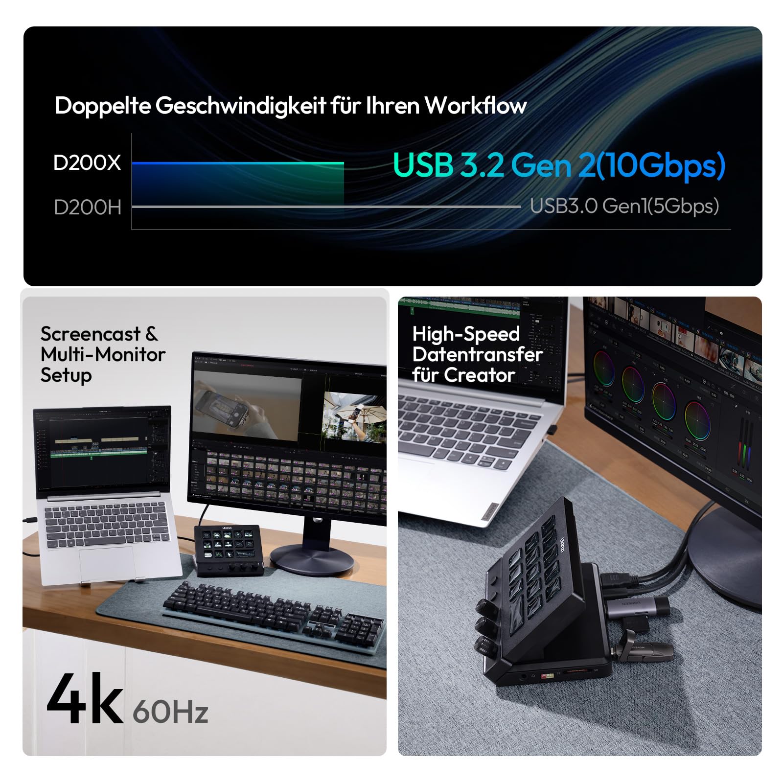 ULANZI D200X 8-in-1 Stream Controller mit 3 Drehknopf 14 LCD-Makrotasten, Streamdeck mit USB-C Dockingstation, 4K HDMI, Audioanschluss, kompatibel mit Mac/Windows, für OBS/Streaming/Editing/Fotografie