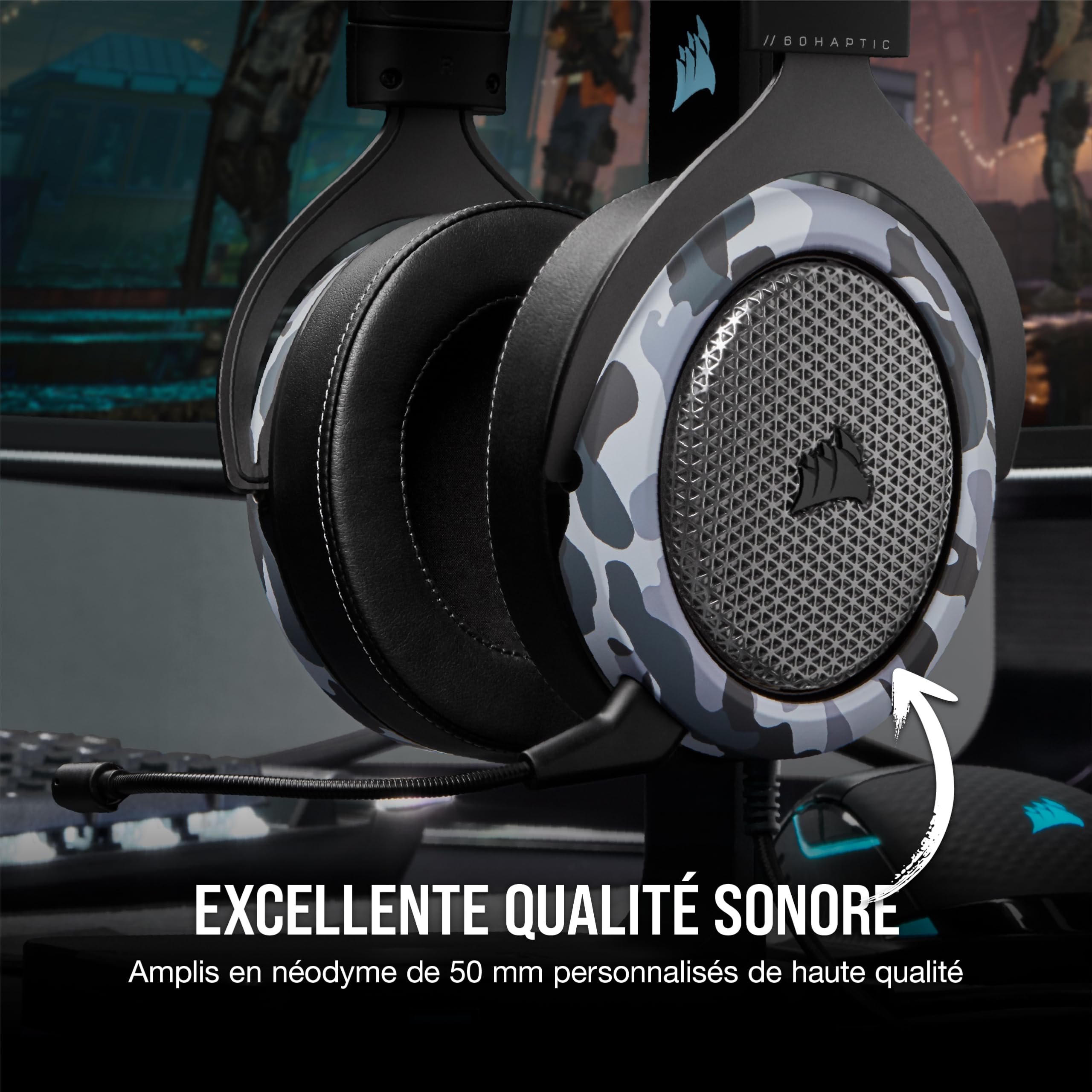 Corsair HS60 HAPTIC Casque Gaming Stéréo avec Basse Haptique (Basse Haptique Optimisée par Taction Technology, Oreillettes Rembourrées de Mousse à Mémoire, Microphone Amovible) Camo