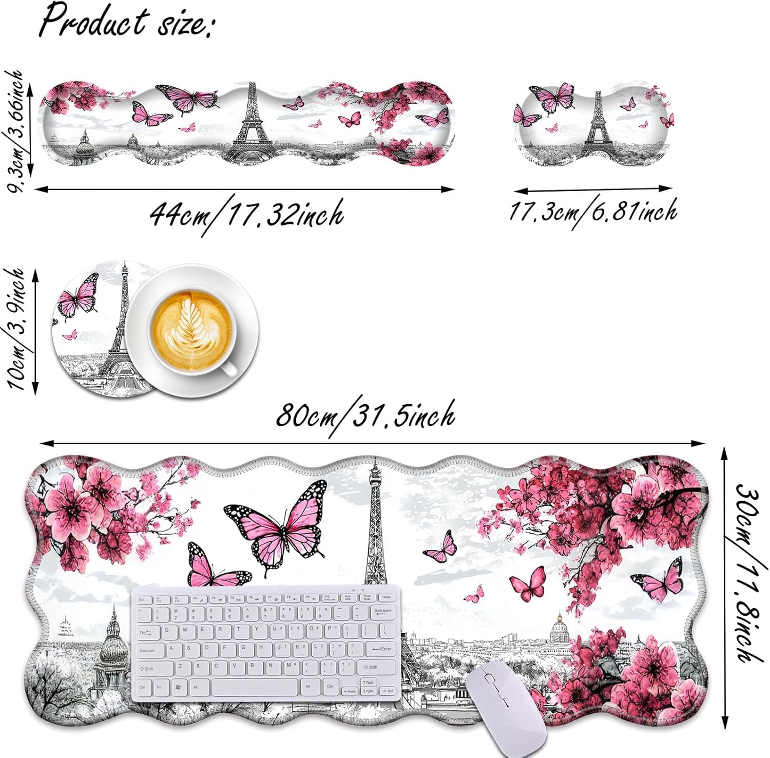 Bxgolkgd Desk Mat Set,Mouse Pad with Keyboard Wrist Rest & Mouse Wrist Rest,Wave-Shaped Design,Non-Slip Rubber Base,Ergonomic Desk Mat for Home,Office,Gaming,Butterfly Eiffel Tower