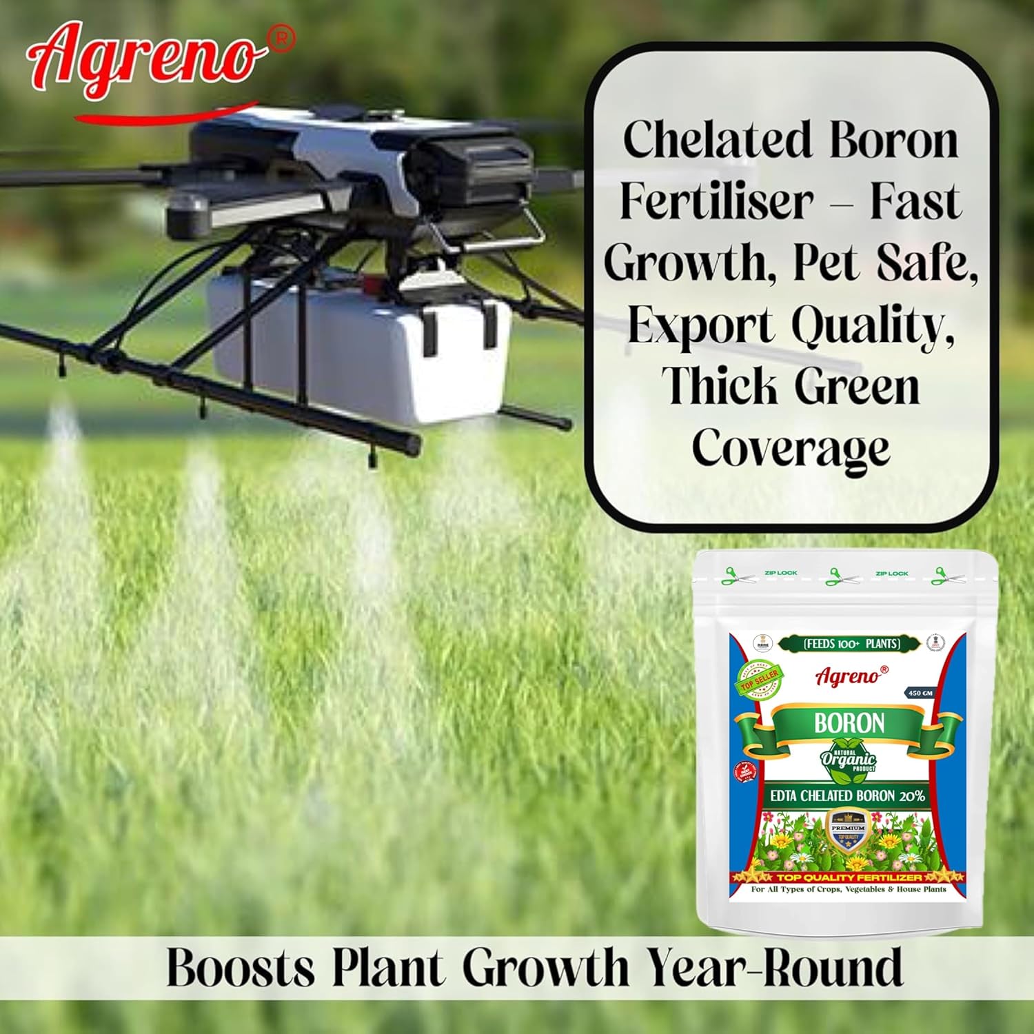 Agreno® Chelated Boron - 20% EDTA, Powerful Essential Organic Fertilizer for Fast Growth of All Plants. (450 gm)
