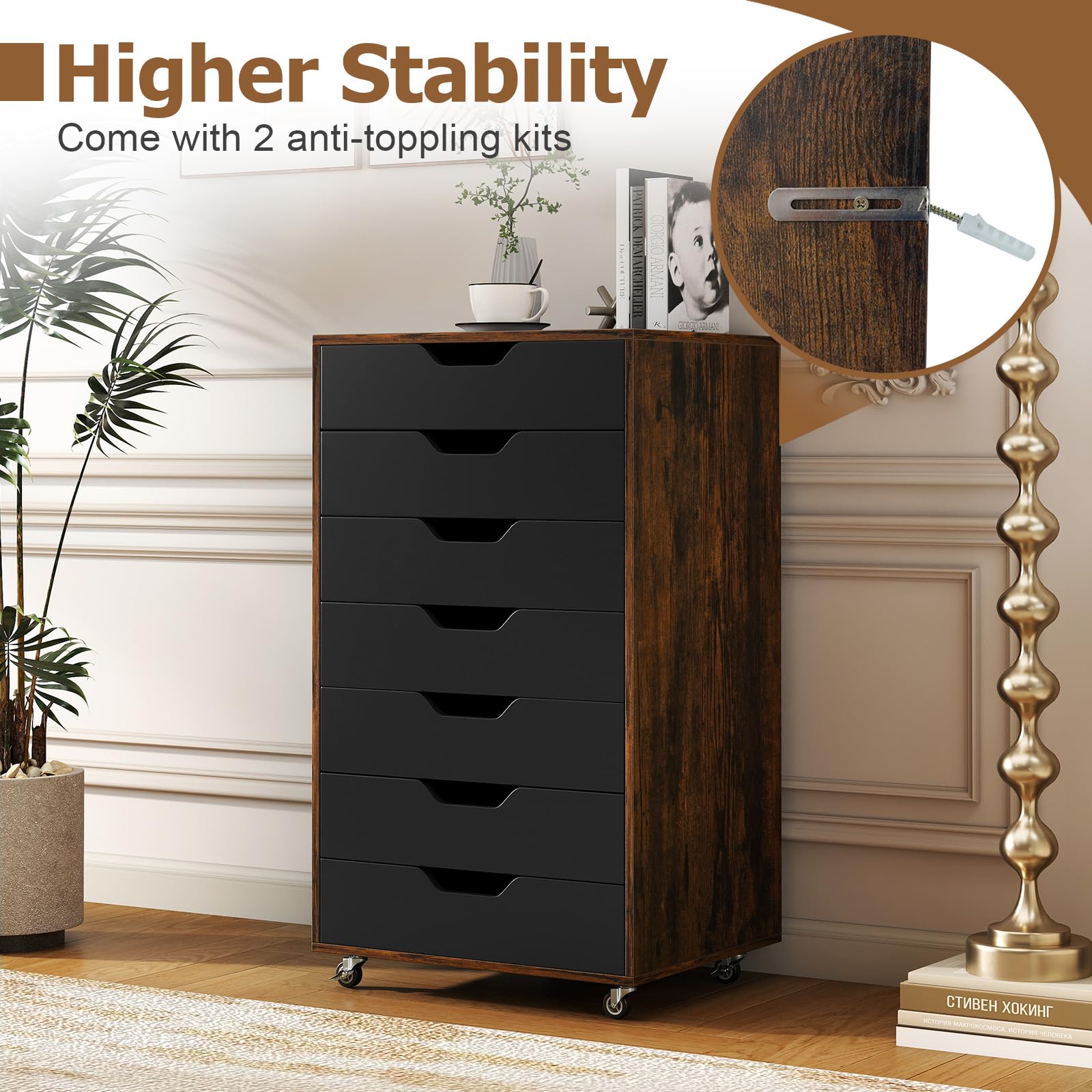 GIANTEX Archivador Móvil con 7 Cajones, Cajonera de Madera con 4 Ruedas Bajo Escritorio, Soporte para Impresora, 49 x 40 x 87 cm, para Oficina, Salón, Dormitorio (Negro+Marrón)