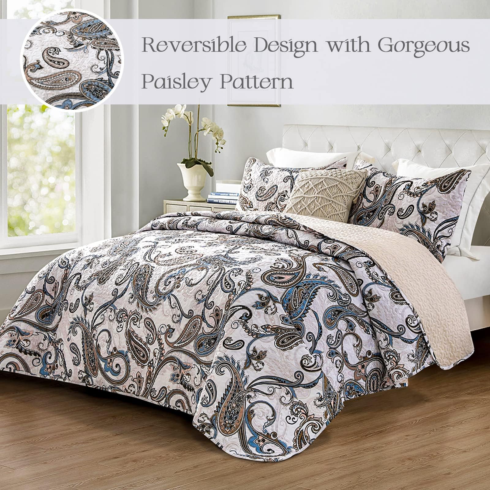 Whale Flotilla Copriletto 240 x 260 cm, Copriletto Matrimoniale con Motivo Stampato, Leggero con 2 Federe Per Tutte Le Stagioni, Paisley Beige