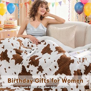Heated Electric Blanket Throw,50X60 Brown Heating Blanket with 10 Heats Levels & 8 Hours Auto Off, Cow Print Western Highland Cow Decor Stuff Fleece Sherpa Blankets Warmer Gifts for Women Adults
