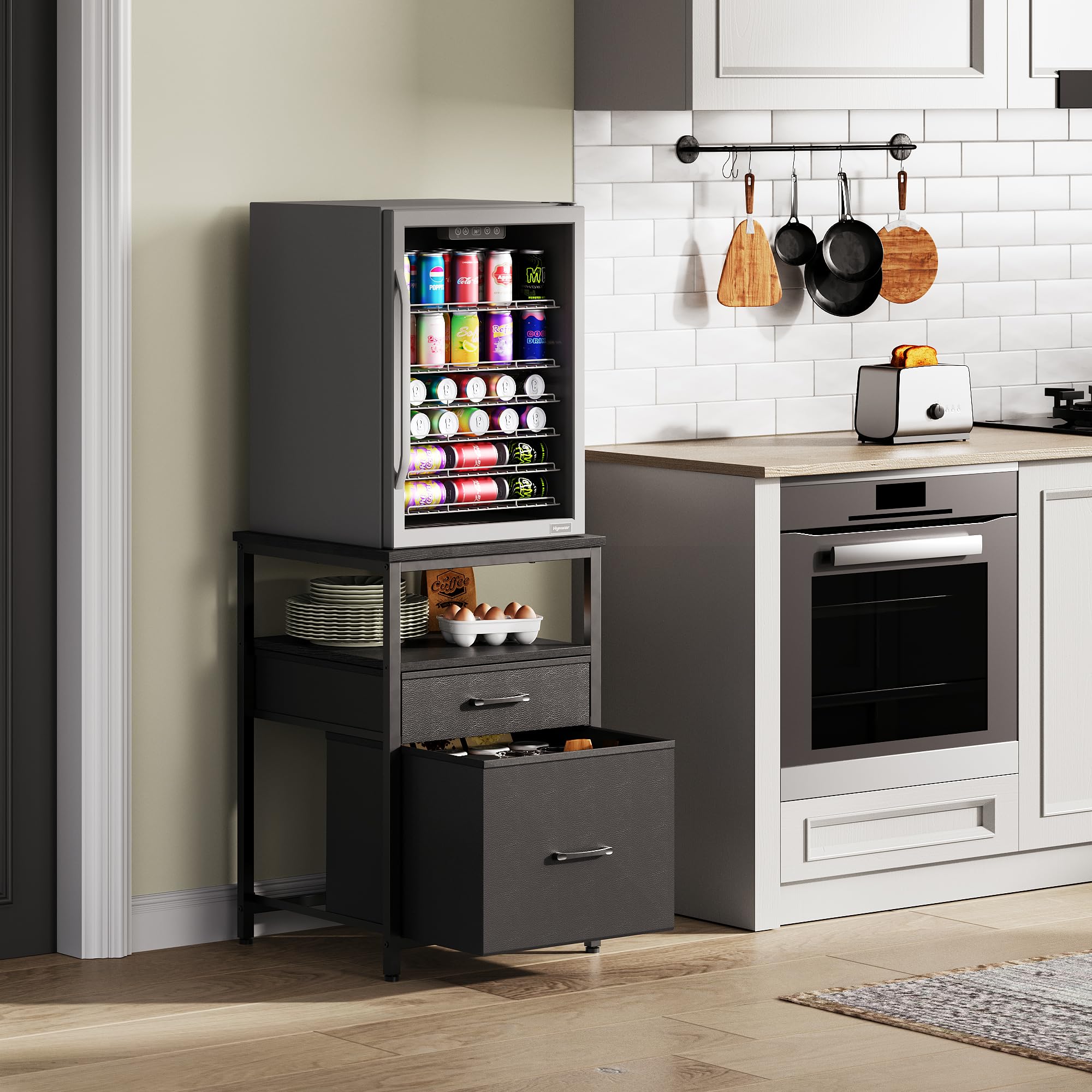 Herture Mini Fridge Stand with 3 Storage, Mini Fridge Cabinet, Beverage Fridge Table, Heavy Duty 18.11" L* 18.11" W Tabletop, for Dorm, Apartment,