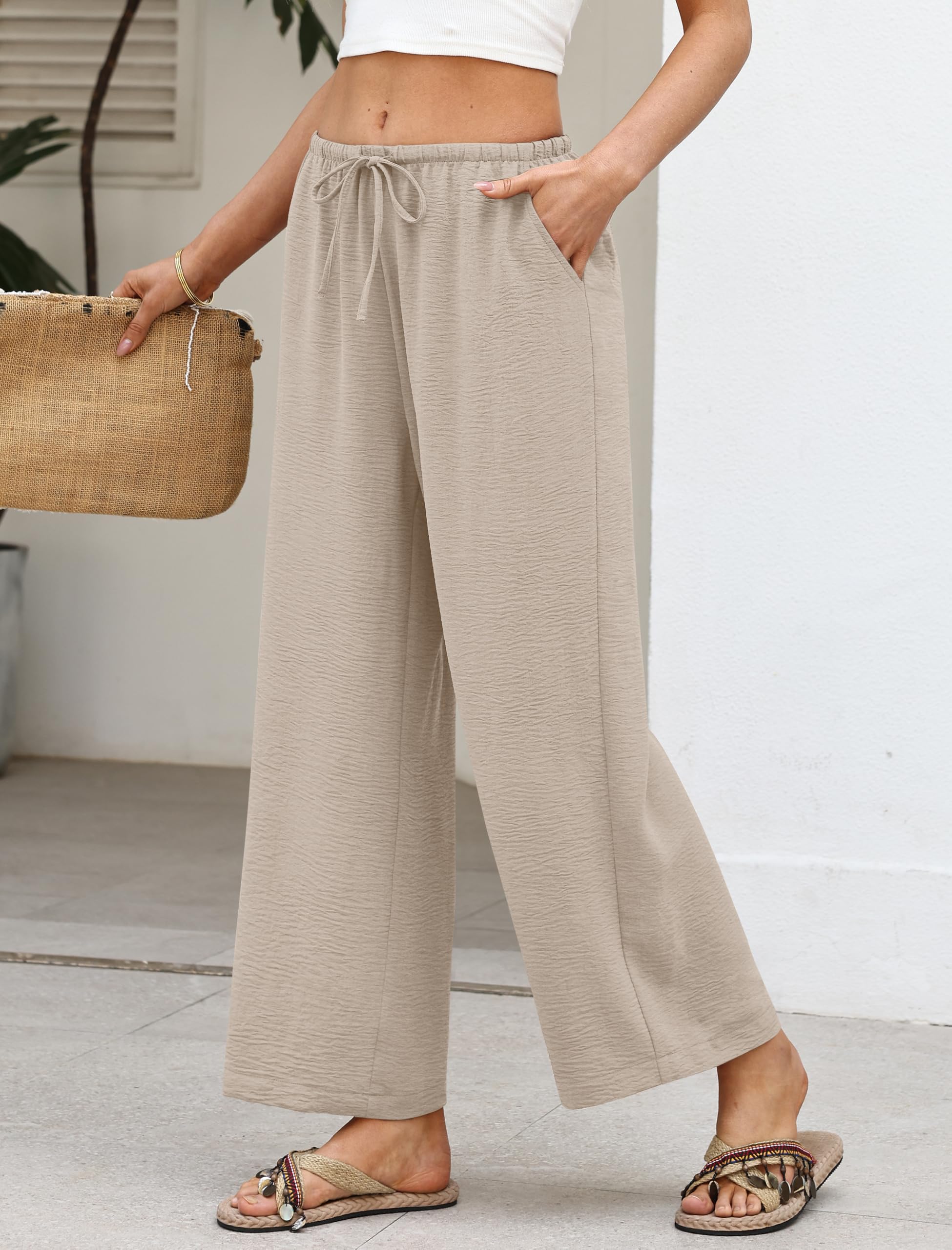 Sampeel Wide Leg Pants Women Casual Palazzo Drawstring Elastic Waist Trousers with Pockets Summer Beach Vacation Clothes — view 4