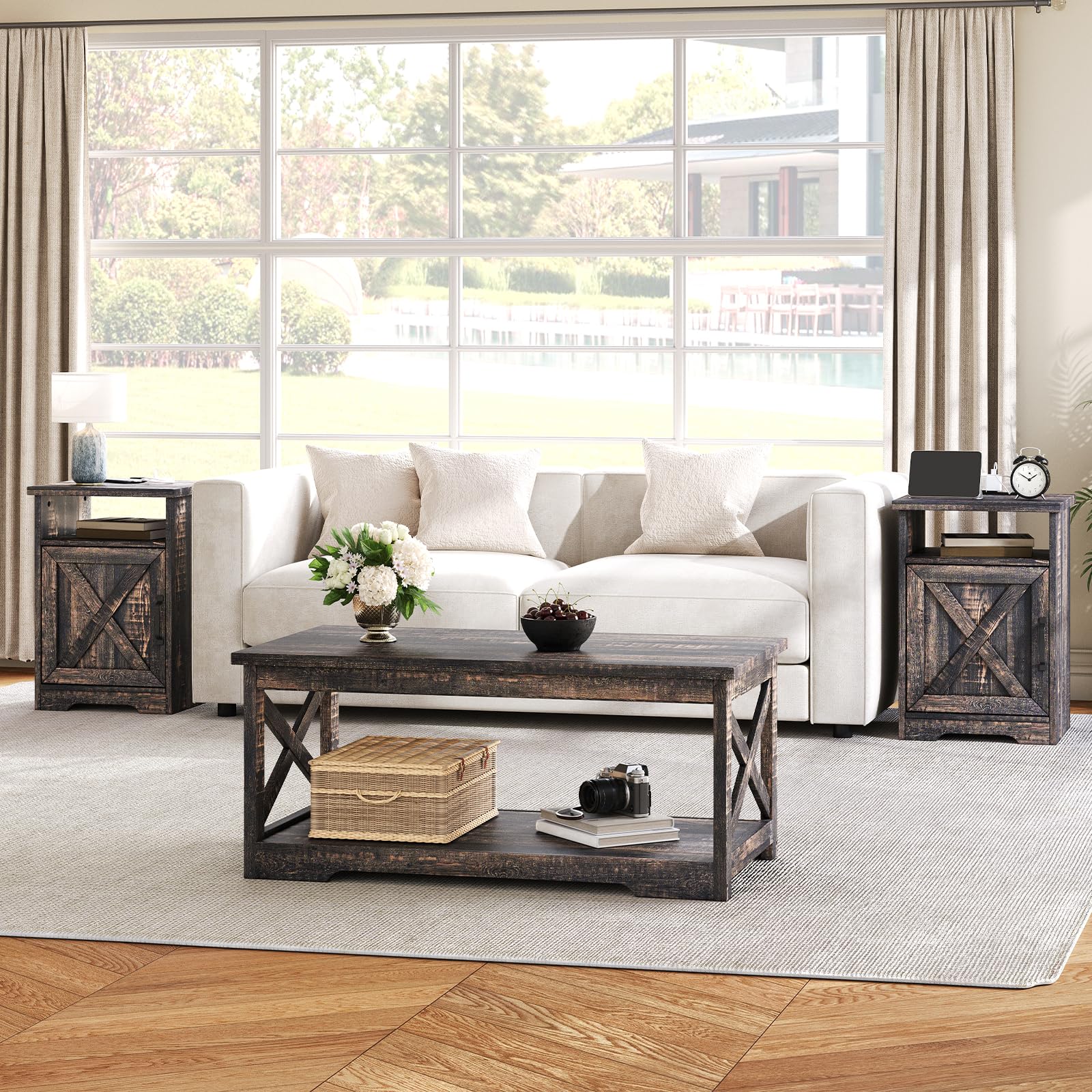 AMERLIFE 3-Piece Farmhouse Table Set with Charging Station and USB Ports