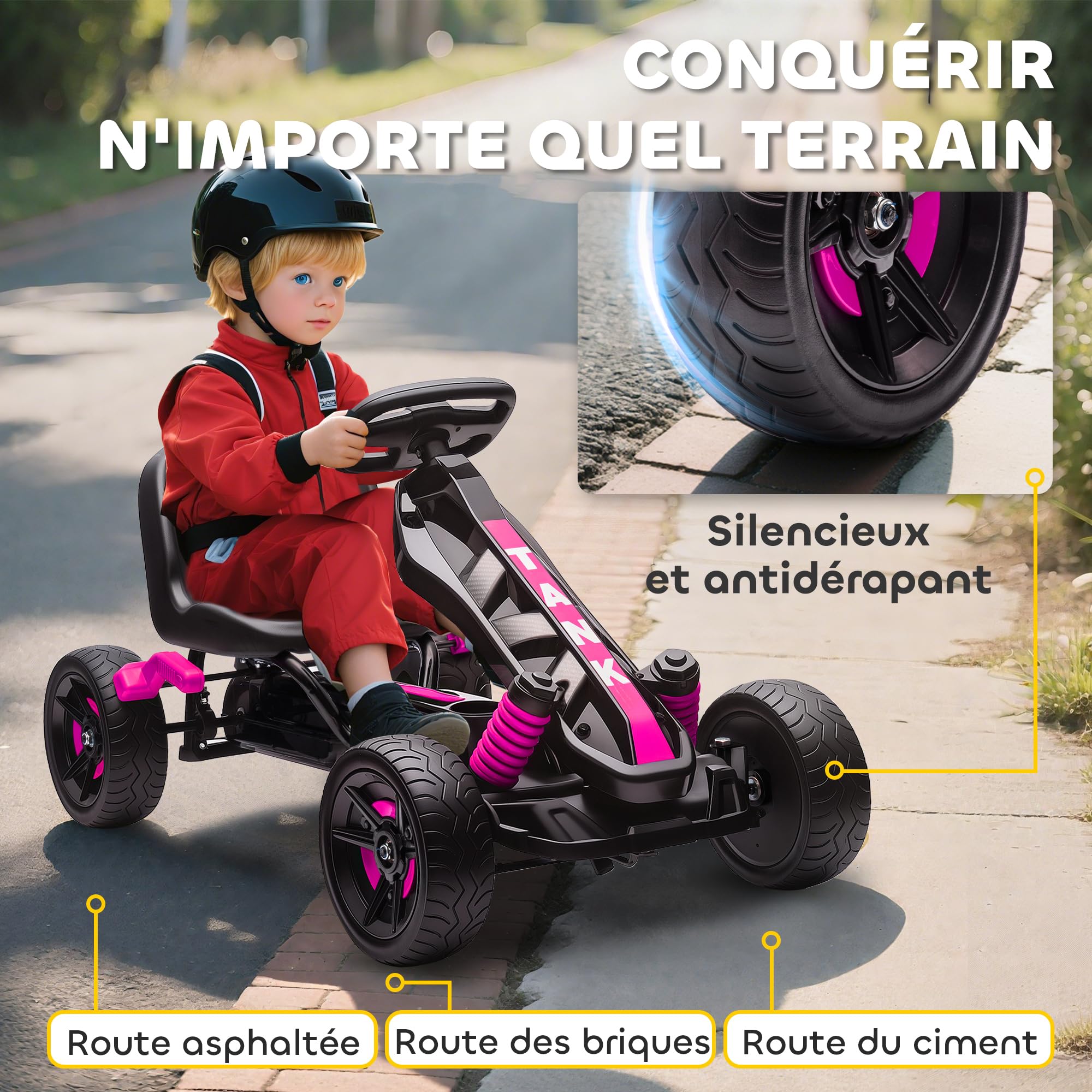 AIYAPLAY Kart a pedales para niños, karting infantil con embrague automático, freno, ruedas de EVA antideslizantes, avanzar y retroceder, coche a pedales para niños de 3 a 6 años, rosa