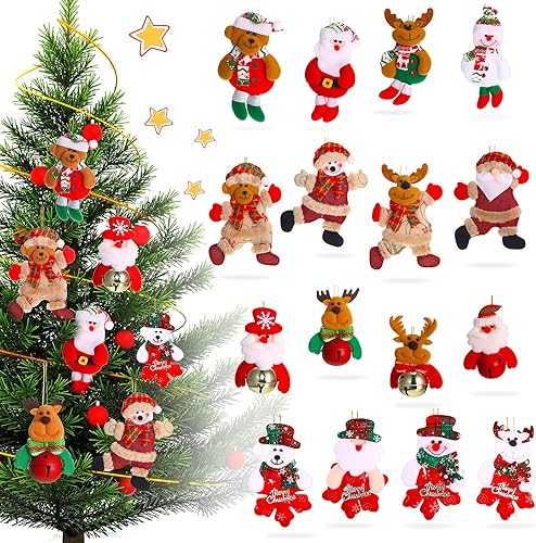 Skylety 16 adornos de felpa para árbol de Navidad, Papá Noel, muñeco de nieve, oso, decoración de árbol de Navidad, colgantes de felpa, adornos de