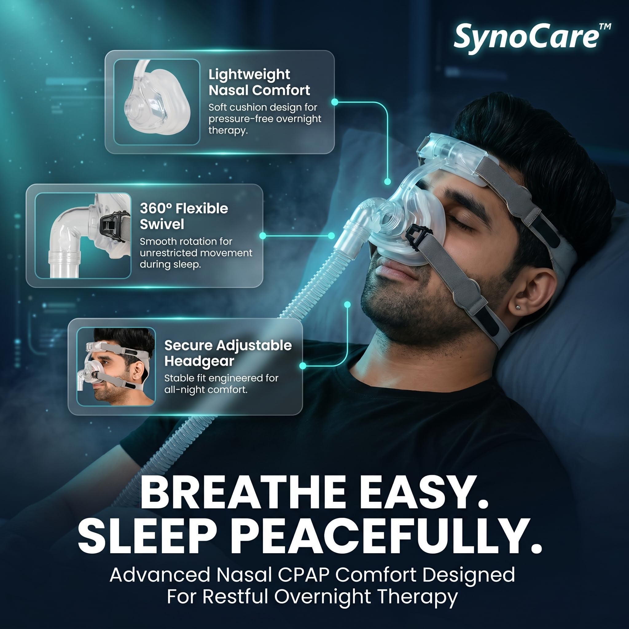 Synocare Cpap Mask for cpap machine for sleep apnea NASAL CPAP type face mask covers nose only compatible to all cpap machine with head strap 100% Transparent (MEDIUM) 4
