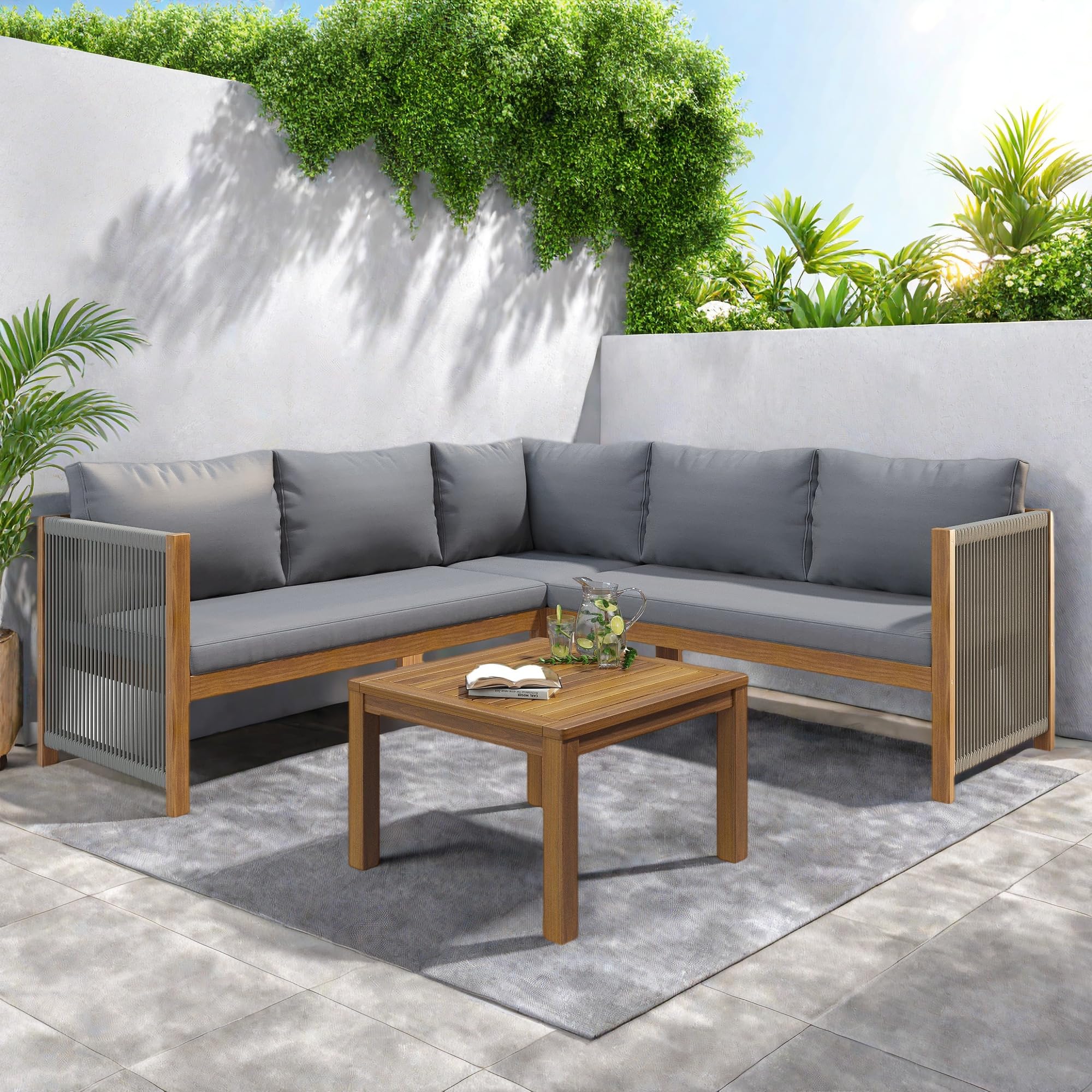 Lubvtti Set giardino esterno,divano da esterno + tavolino,mobili da giardino,struttura in acacia, piano in acacia,lavorazione artigianale in corda intrecciata, adatto per il giardino, grigio