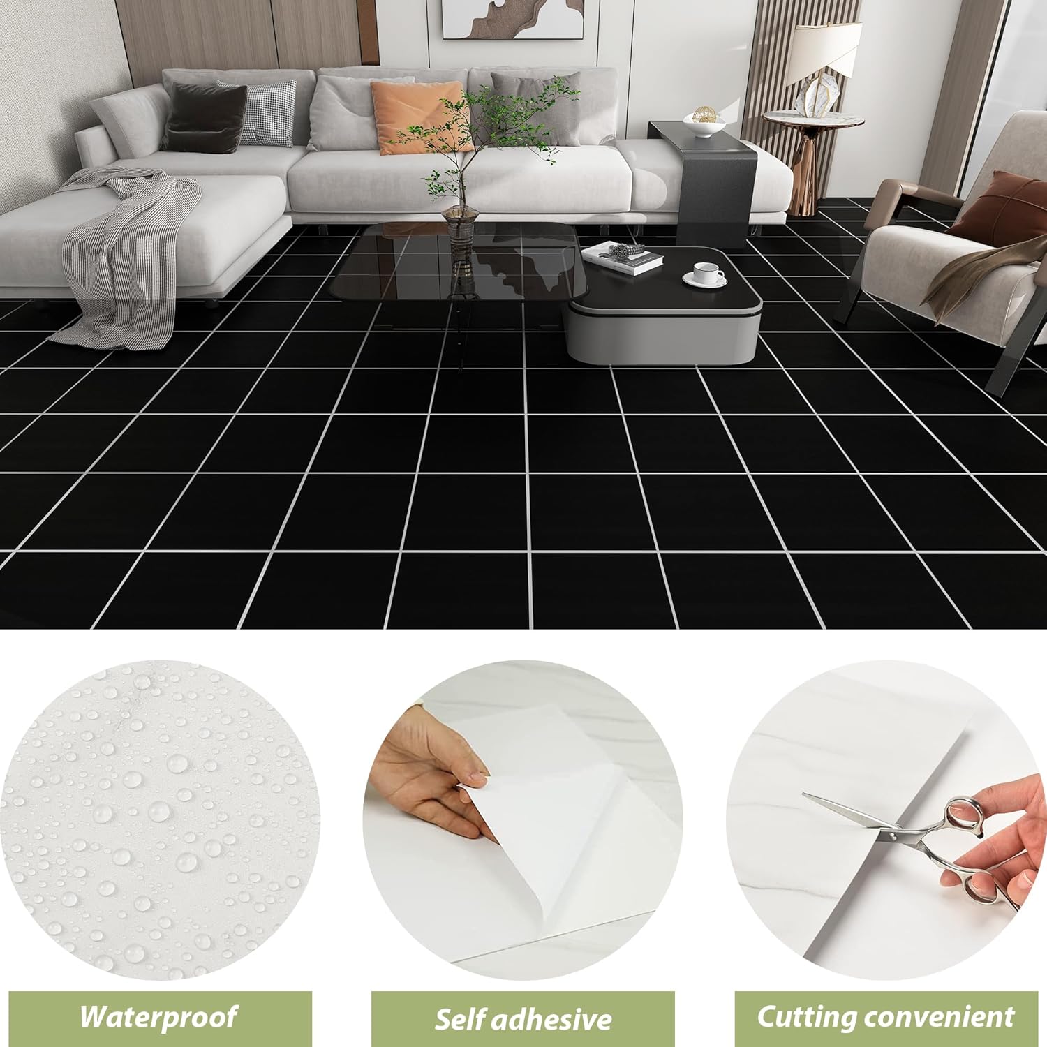 Lareko 60Sq.Ft Marble Peel and Stick Vinyl Floor Tiles,60 Tiles - 12" x 12",Waterfproof and Self Adhesive Vinyl Sticker Tiles,Laminate Flooring for for Kichen,Dining Room(Black 30pcs&White30pcs)