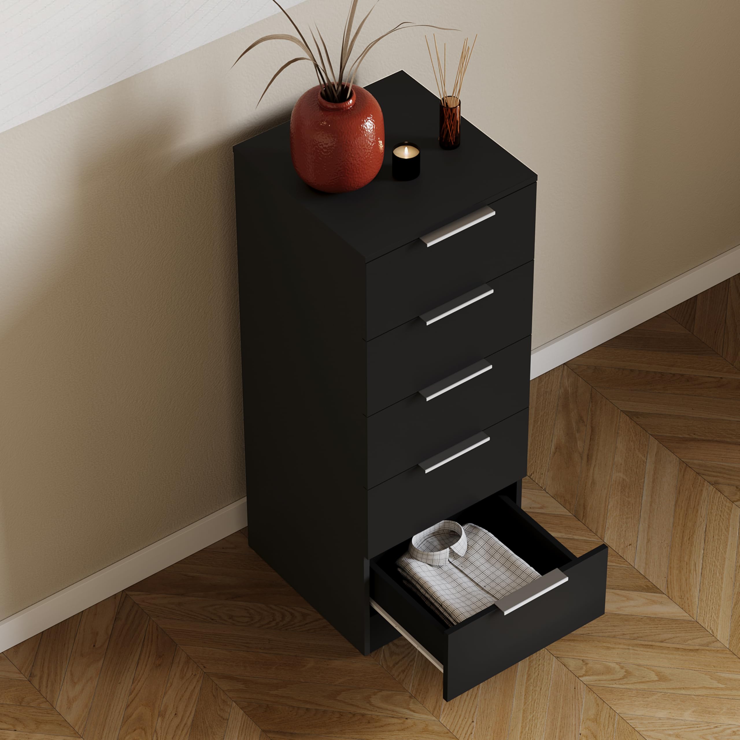 Vida Designs Trega Kommode mit 5 Schubladen | Schwarz | 90 H x 34,5 B x 36 T cm | Schmal | Platzsparende Stauraumeinheit | Schubladenstütze gegen Durchbiegen | Leichtgängige Schubladenführungen