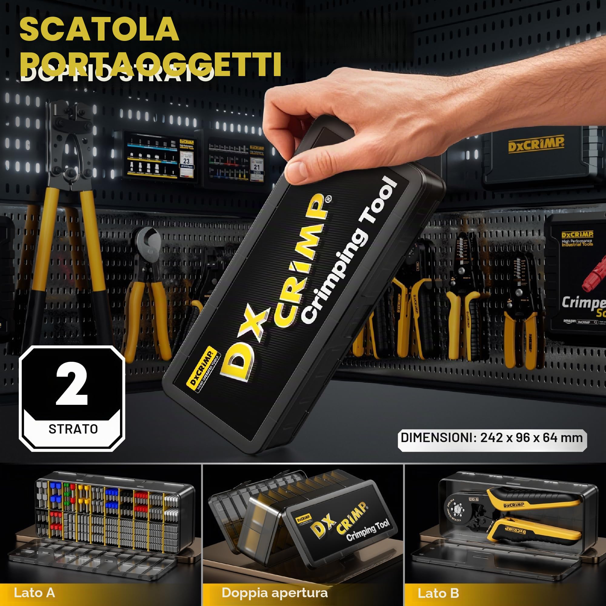 DxCRIMP Set di Pinze Puntalini, Pinza Crimpatrice Capicorda, con 22 tipi di Puntalini isolati, non isolati e bi-wire, Connettori Elettrici 0,25-6 mm² Pinza Puntalini Esagonale, Pressatrice Multistrato