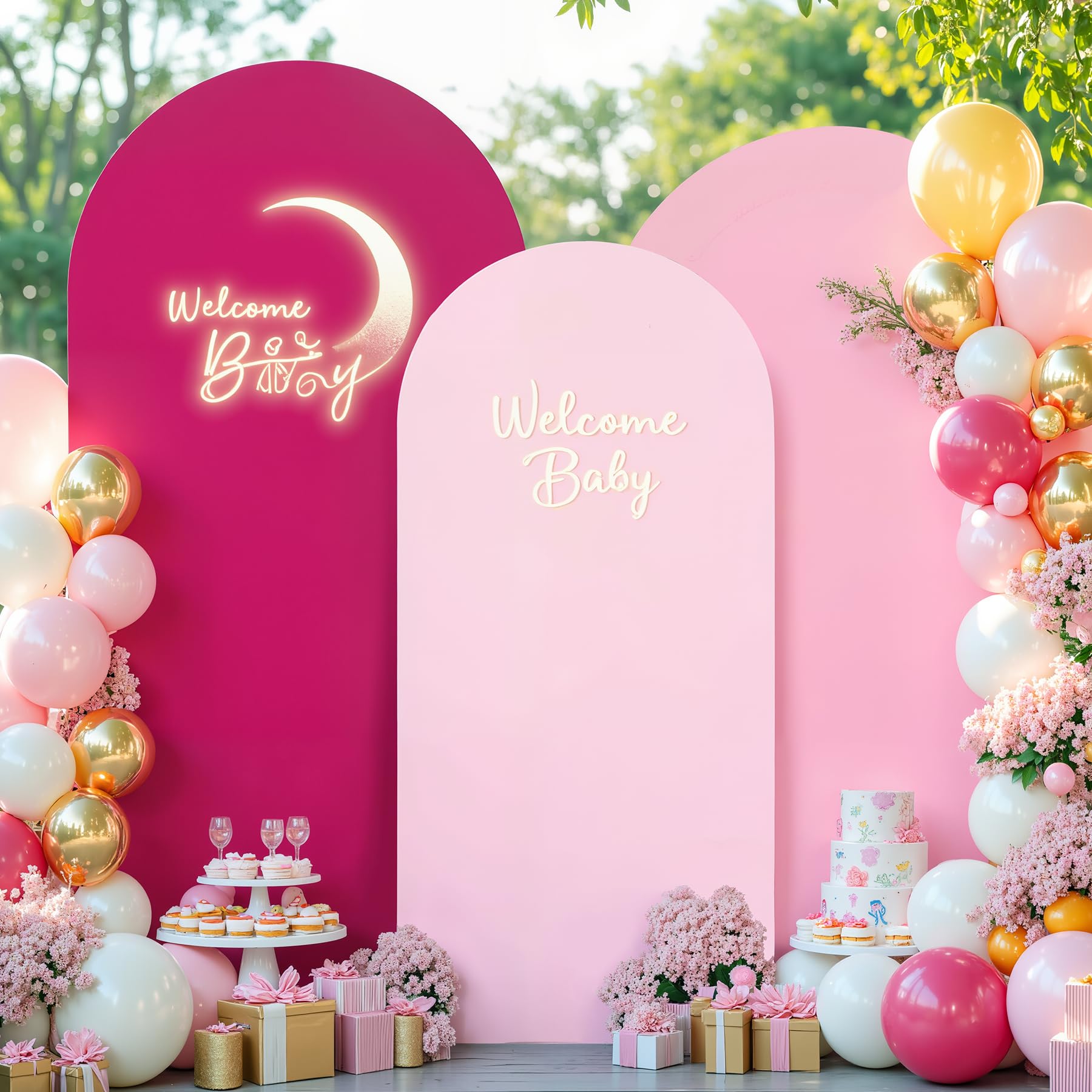 Pink Arch Backdrop Cover Set of 3 Pink Rose Red Gradient Wedding Arch Covers Spandex Backdrop Stand Cover for Birthday Party Ceremony Bridal Baby