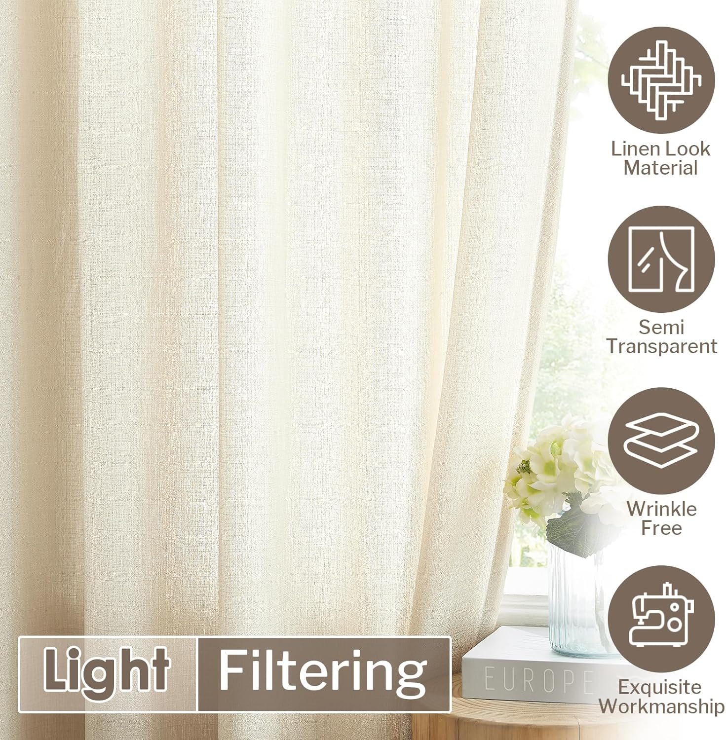 Melodieux Beige Semi Sheer Curtains 84 Inches Long for Living Room, Bedroom Linen Look Farmhouse Rod Pocket Shiny Sheer Curtain Drapes Light Filtering Home Office, 52" W x 84" L, 2 Panels