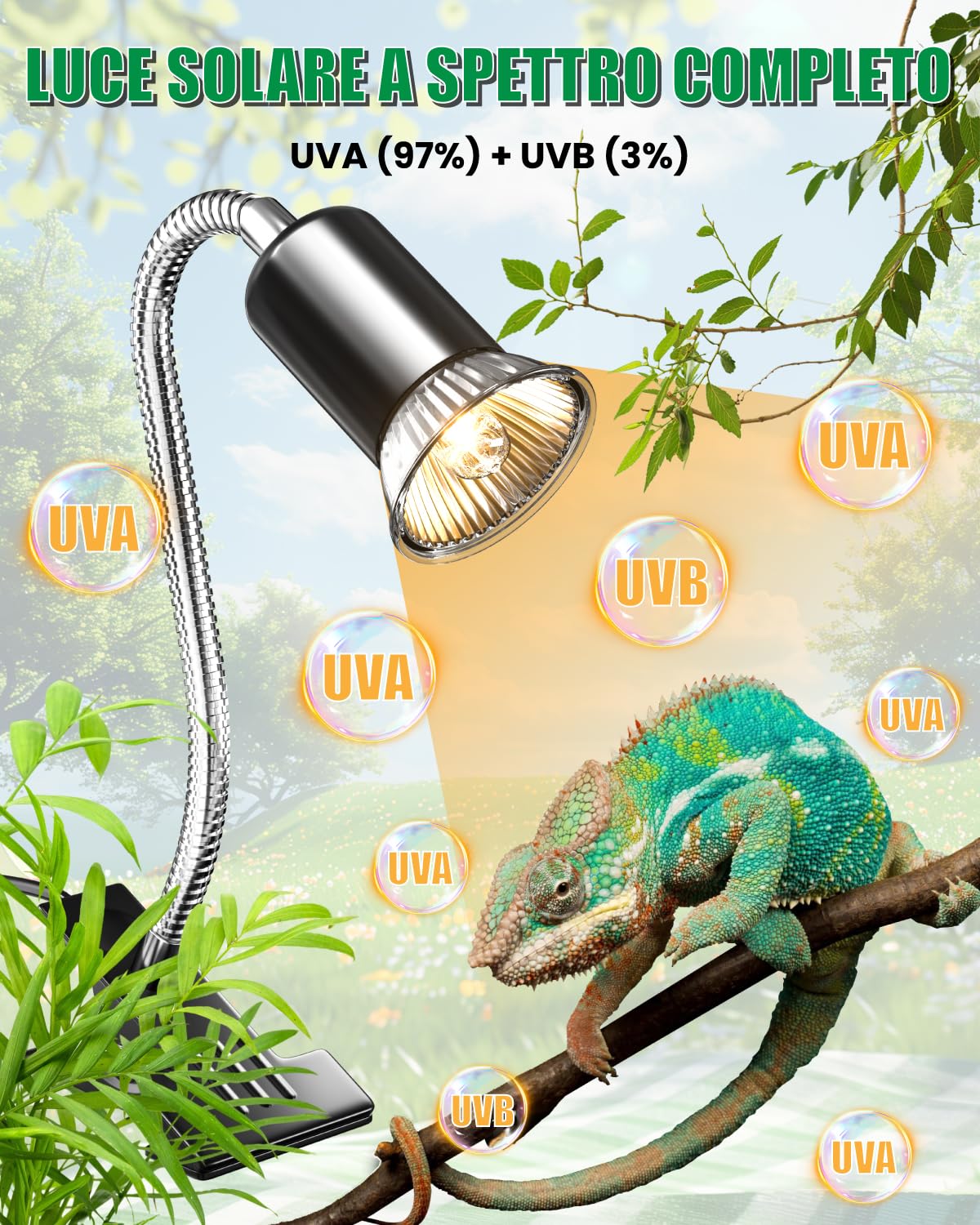 GlowUp Lampada di Calore per Rettili con Timer Ciclico, Luce Calda per Tartarughe con Clip, Lampada per Basking Rotante a 360° per Rettili, Lucertola, Tartaruga, Serpente, Include 2 Lampadine E27