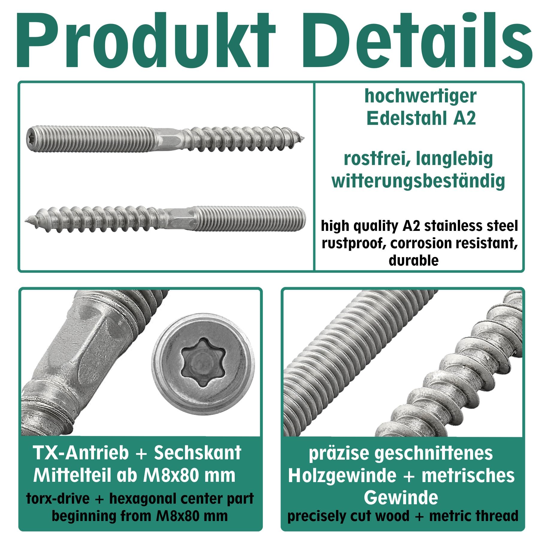 Viti prigioniere con attacco Torx (TX), in acciaio inox A2/V2A, vite a doppia filettatura, perni a vite, vite per legno (M6 x 80 mm, 10 pezzi)