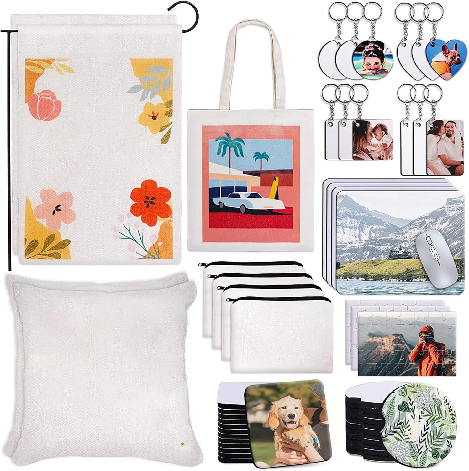 Kelawoly 77PCS Sublimation Blank Set, Heat Transfer Printing Kit with 12 Keychains 12 Cup Mats 4 Pads 4 Makeup Bags, Art Supplies for DIY Crafts Home Decor