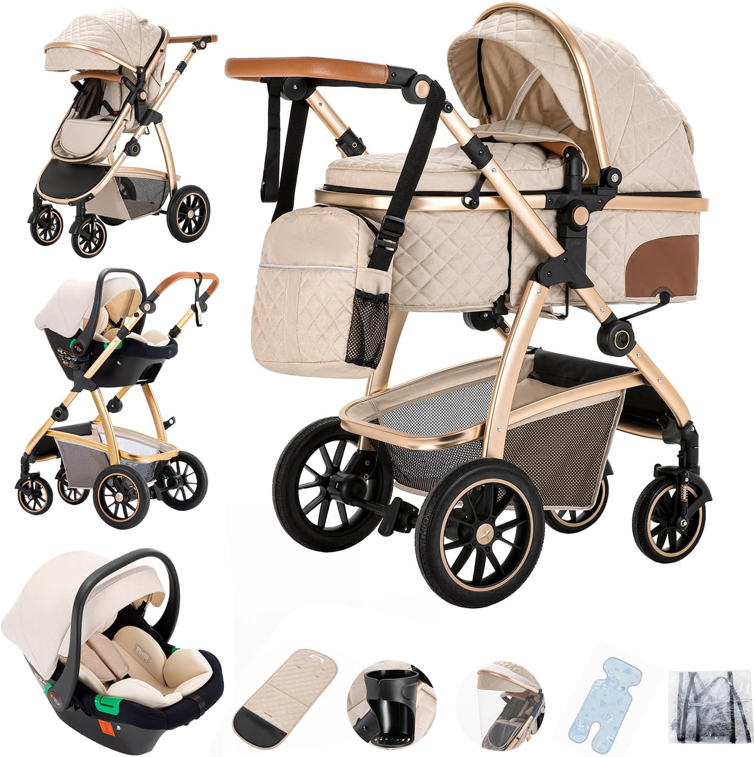 3 in 1 Prams Travel System, Pushchair with Height Adjustable Handle, Travel Pram with Mosquito Net, Baby Stroller with Aluminum Frame for Newborn 0-4 Years