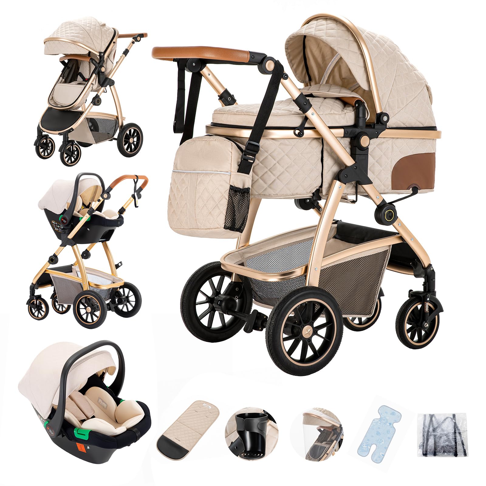 Gcarebb 3 in 1 Prams Travel System, Pushchair with Height Adjustable Handle, Travel Pram with Mosquito Net, Baby Stroller with Aluminum Frame for Newborn 0-4 Years