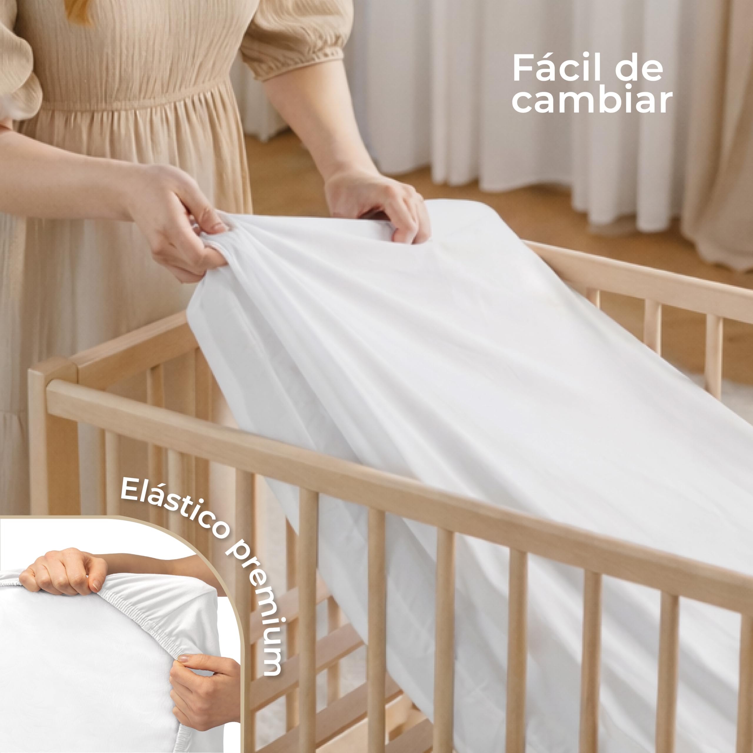 Dreamzie Juego de 2 Sabana Bajera Cuna 70x140 Algodon - Ajustables, Oeko Tex Certificado - Sabanas Cuna 70x140 para Colchon y Cama Infantil - Beige/Blanco