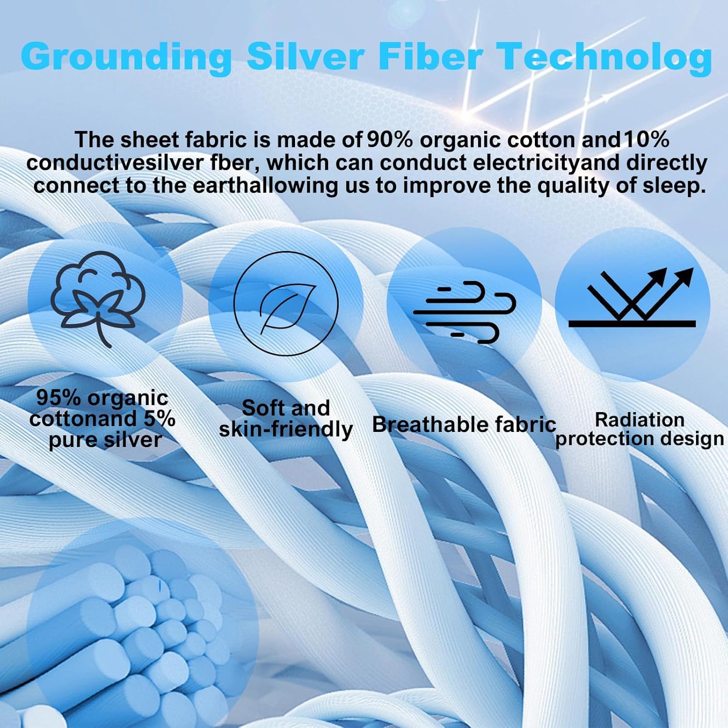 Grounding Sheets King, 90% Organic Cotton+ 10% Pure Silver Fiber,Grounded Bed Sheet Kit, Deep Pocket Grounded Bed Sheet, Relieves Pain - Used for Healthy Sleep Therapy (Blue Flower, King)