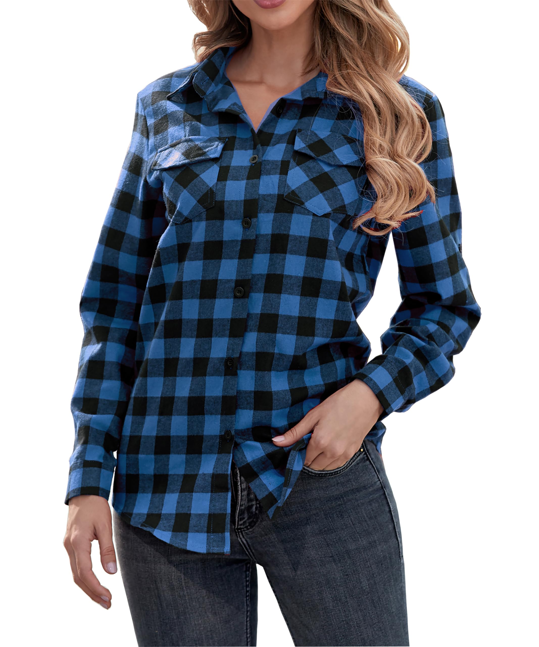 Oyamiki Womens Casual Cuffed Long Sleeve Boyfriend Button Down Plaid Flannel Shirt Tops