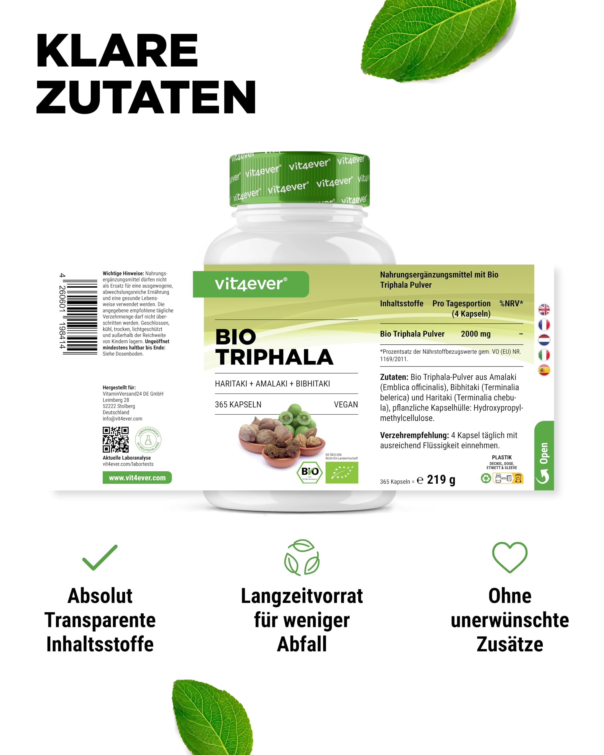 vit4ever Bio Triphala - Hochdosiert mit 2000 mg (500 mg je Kapsel) - 365 Kapseln - Premium Triphala Pulver aus Indien: Haritaki, Amalaki, Bibhitaki - Ohne Zusatzstoffe - Vegan